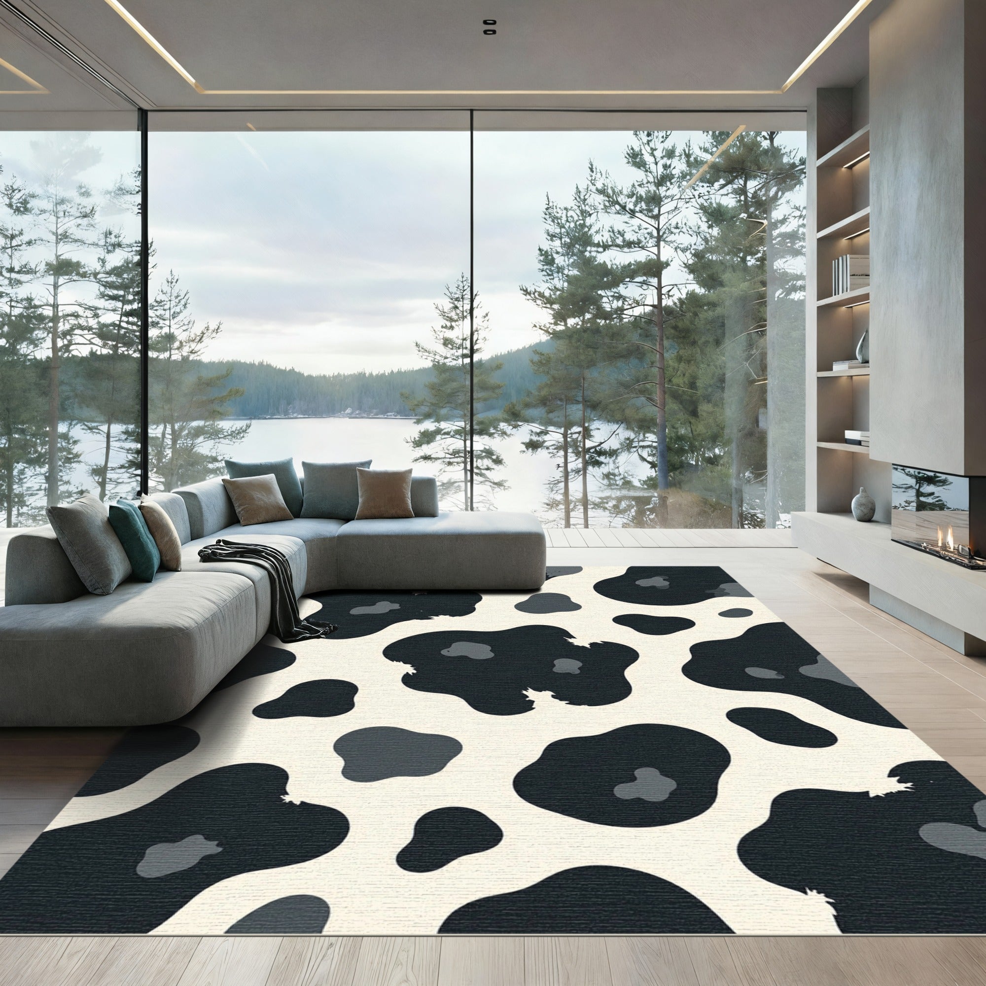 Modern Black and Cream Cow Hide Rug