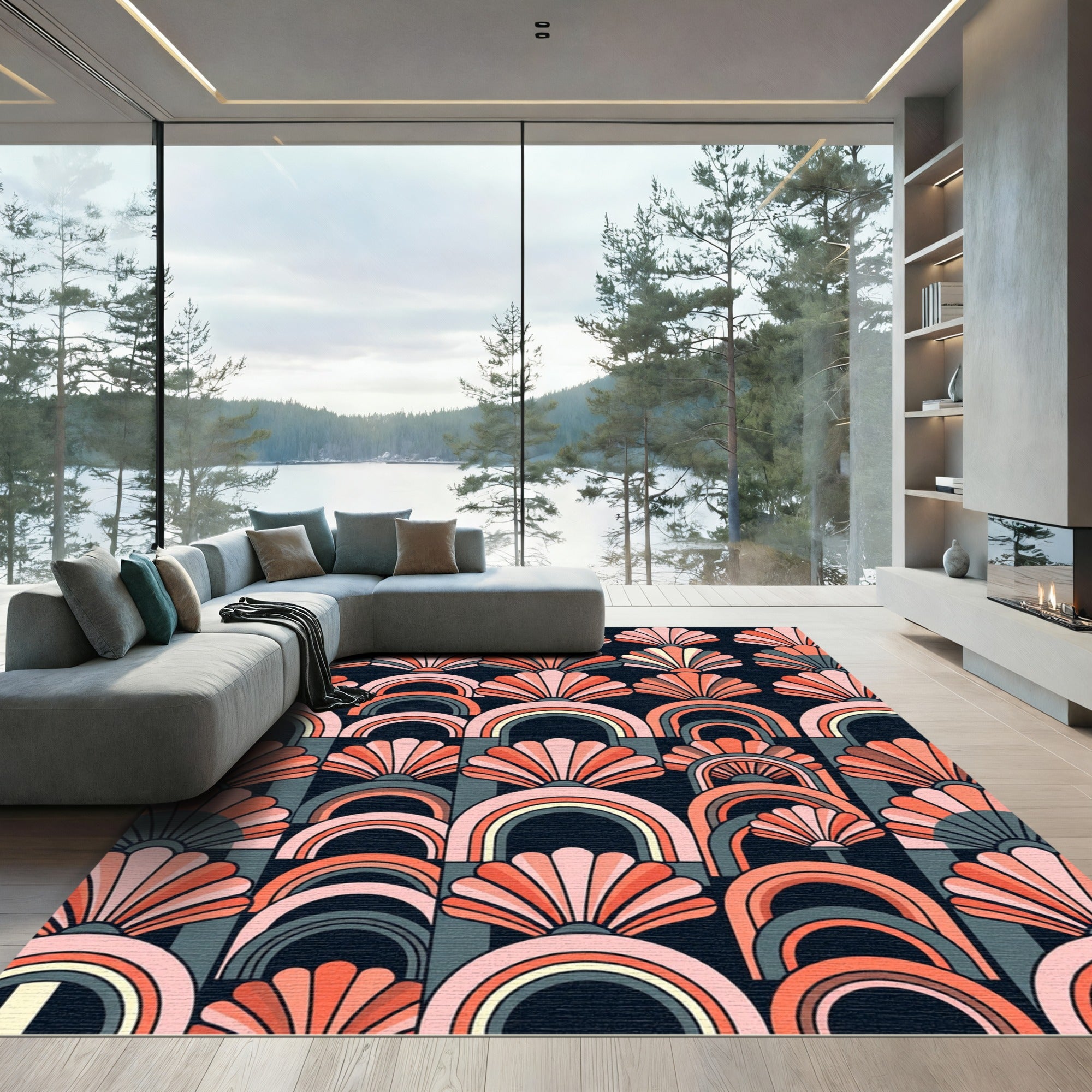 Coral Fan Rainbow Mid Century Rug