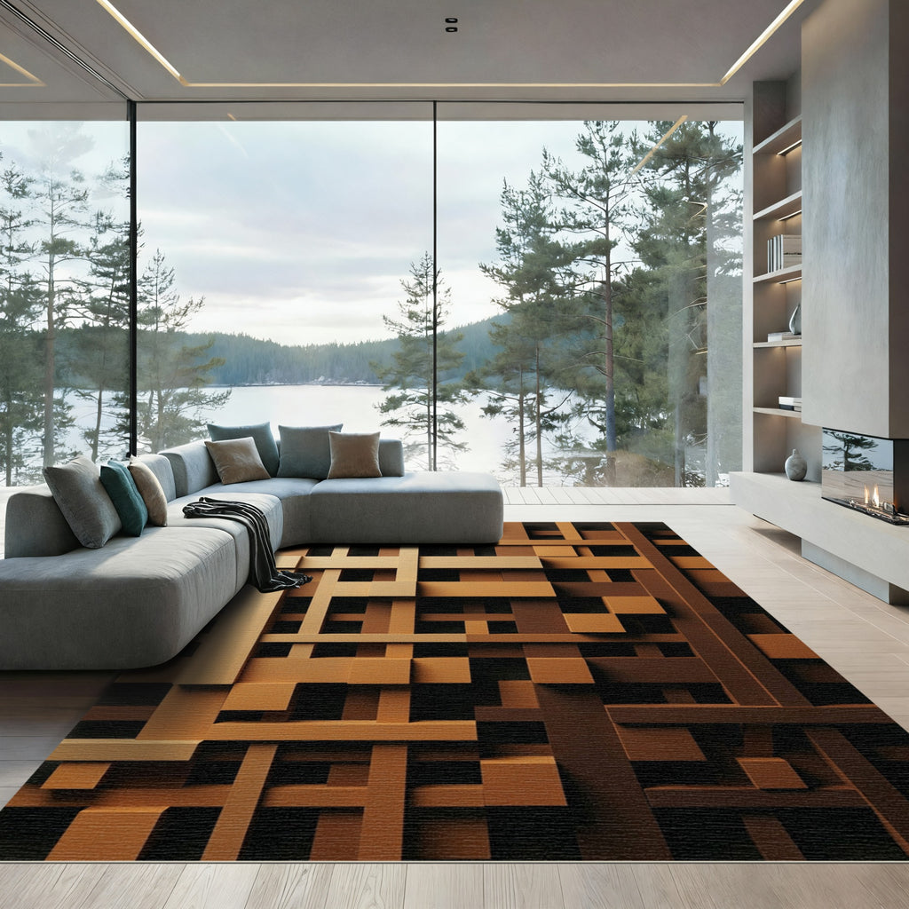 Brown Intersecting Geometric Blocks Rug