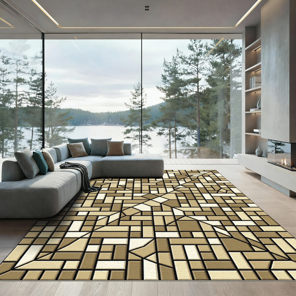 Modern Neutral Earth Geometric Tiled Accent Rug