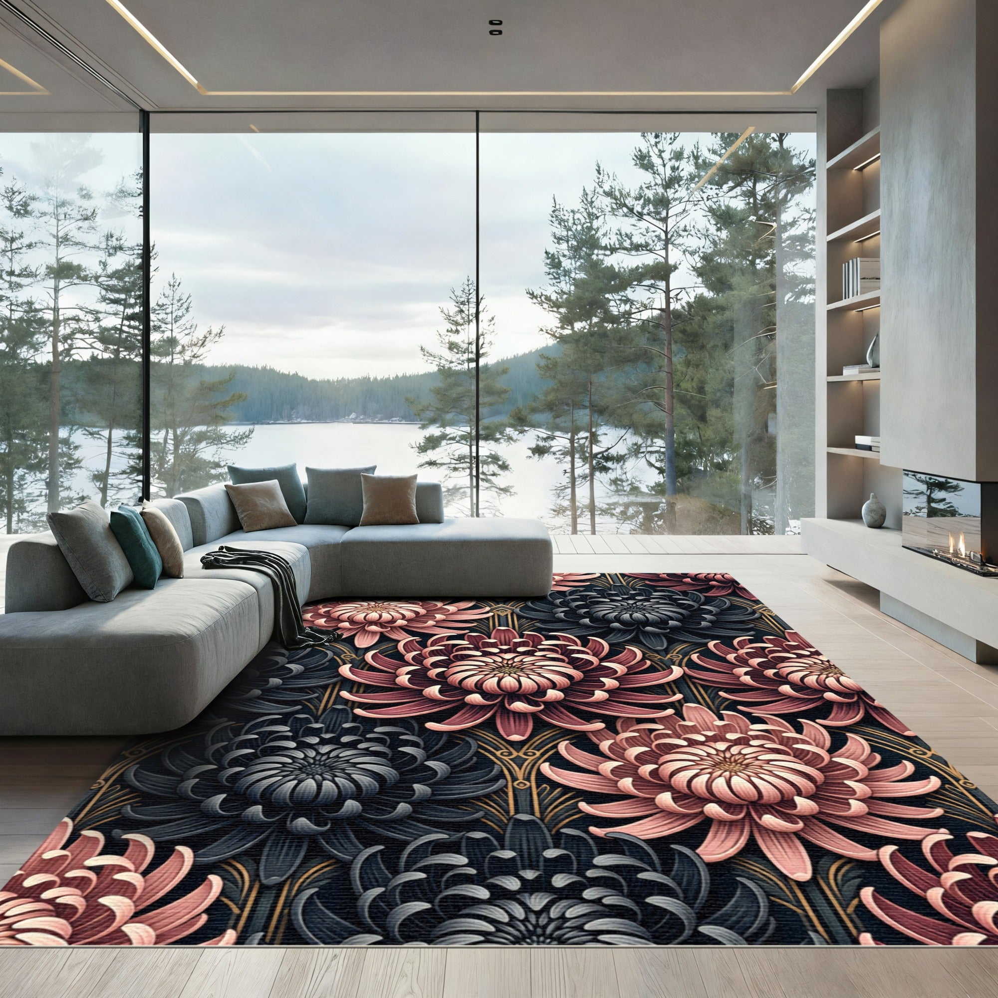 Elegant Blush and Charcoal Chrysanthemum Floral Rug