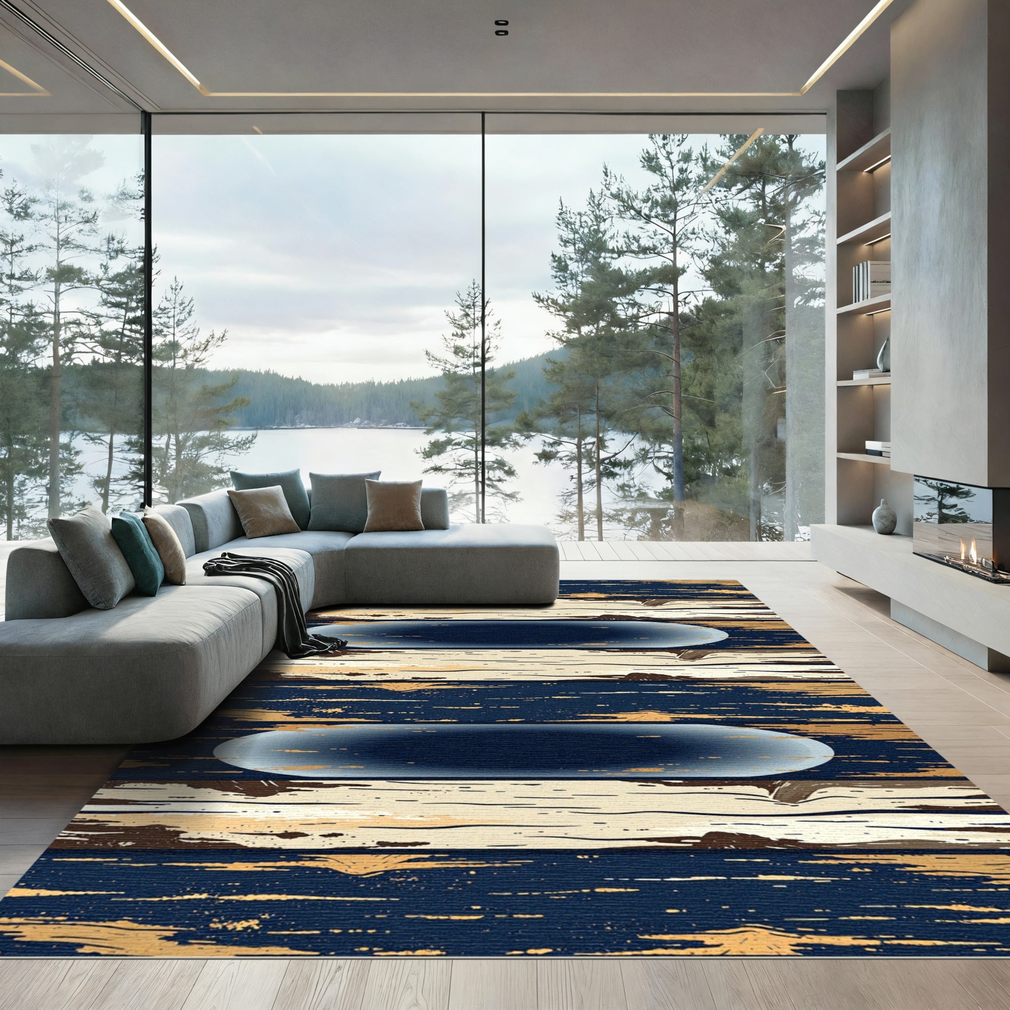 Rustic Navy and Cream Striped Ellipse Rug