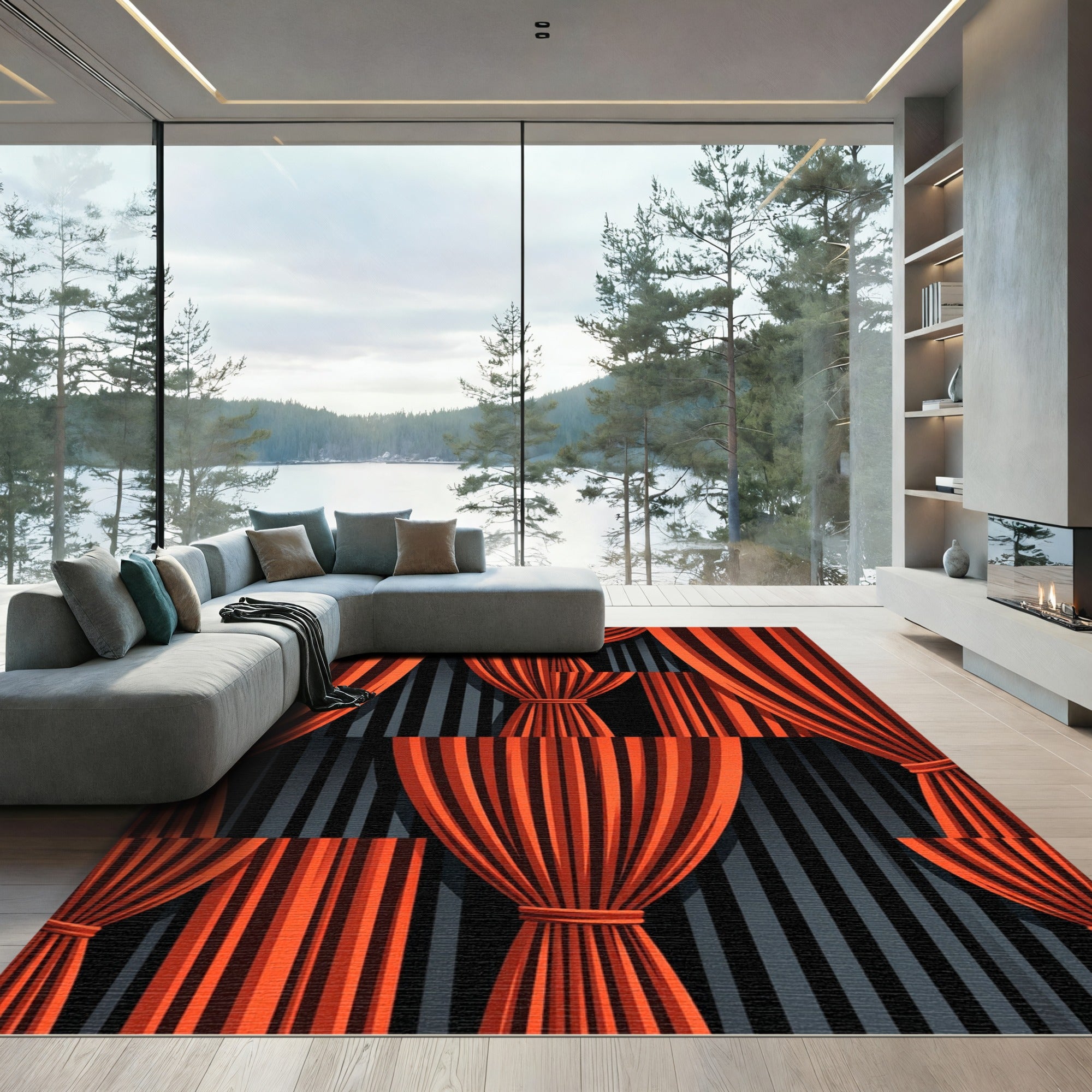 Dramatic Orange Striped Curtain Rug