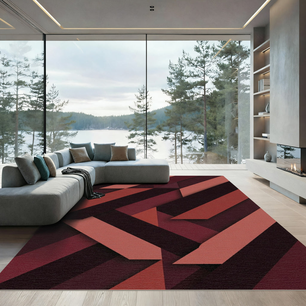 Modern Deep Burgundy Geometric Stripe Rug