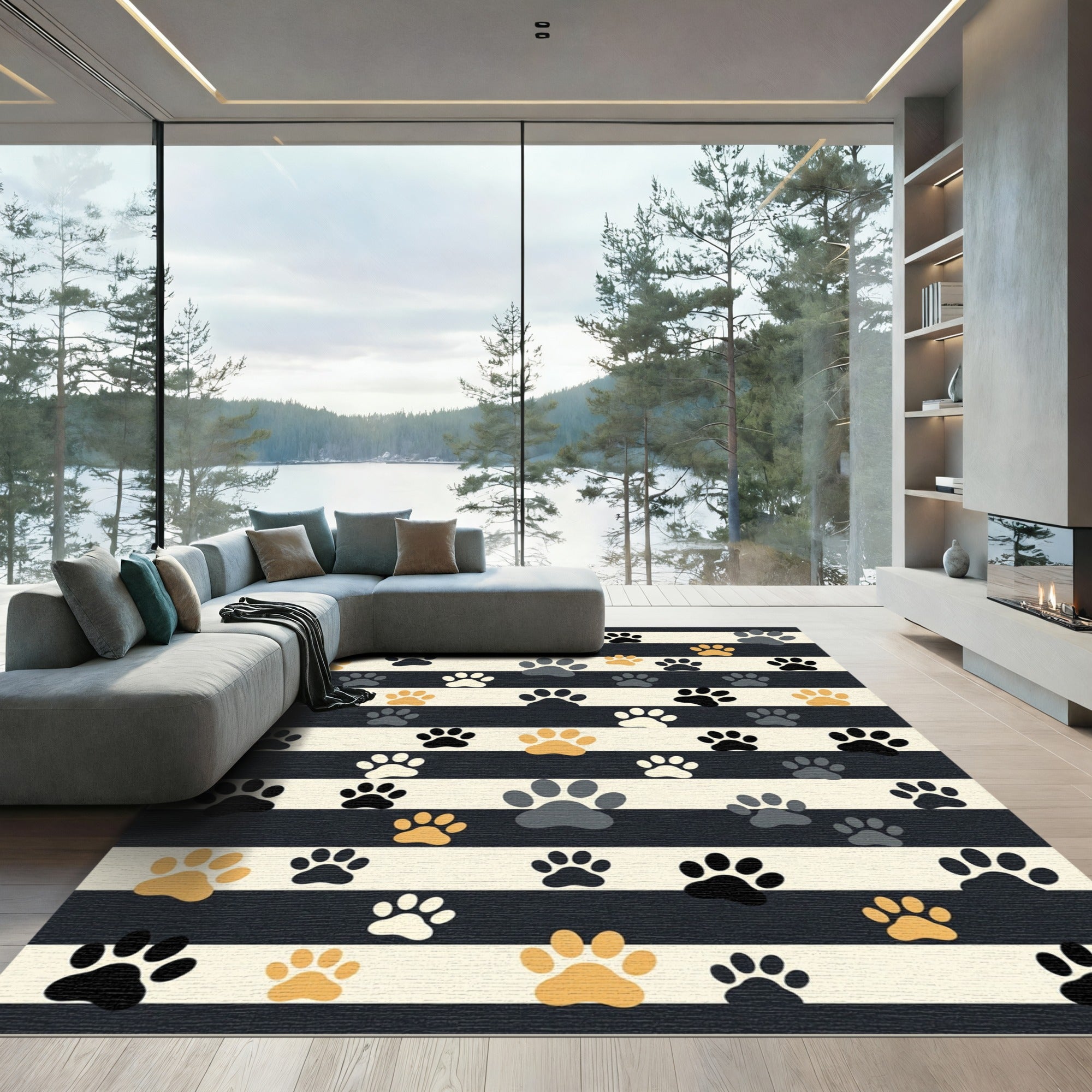 Playful Paw Striped Black Cream Taupe Rug