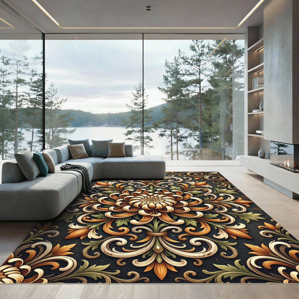 Golden Floral Damask Scroll Area Rug