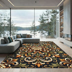 Golden Floral Damask Scroll Area Rug
