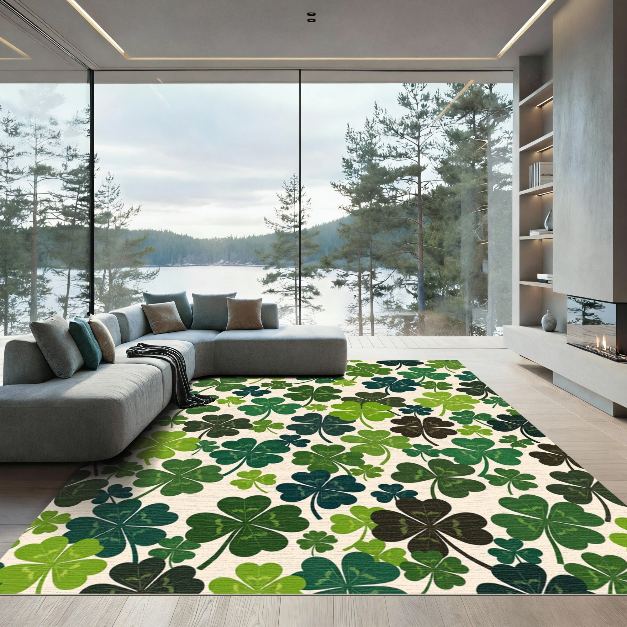 Whimsical Emerald Four Leaf Clover Field Rug