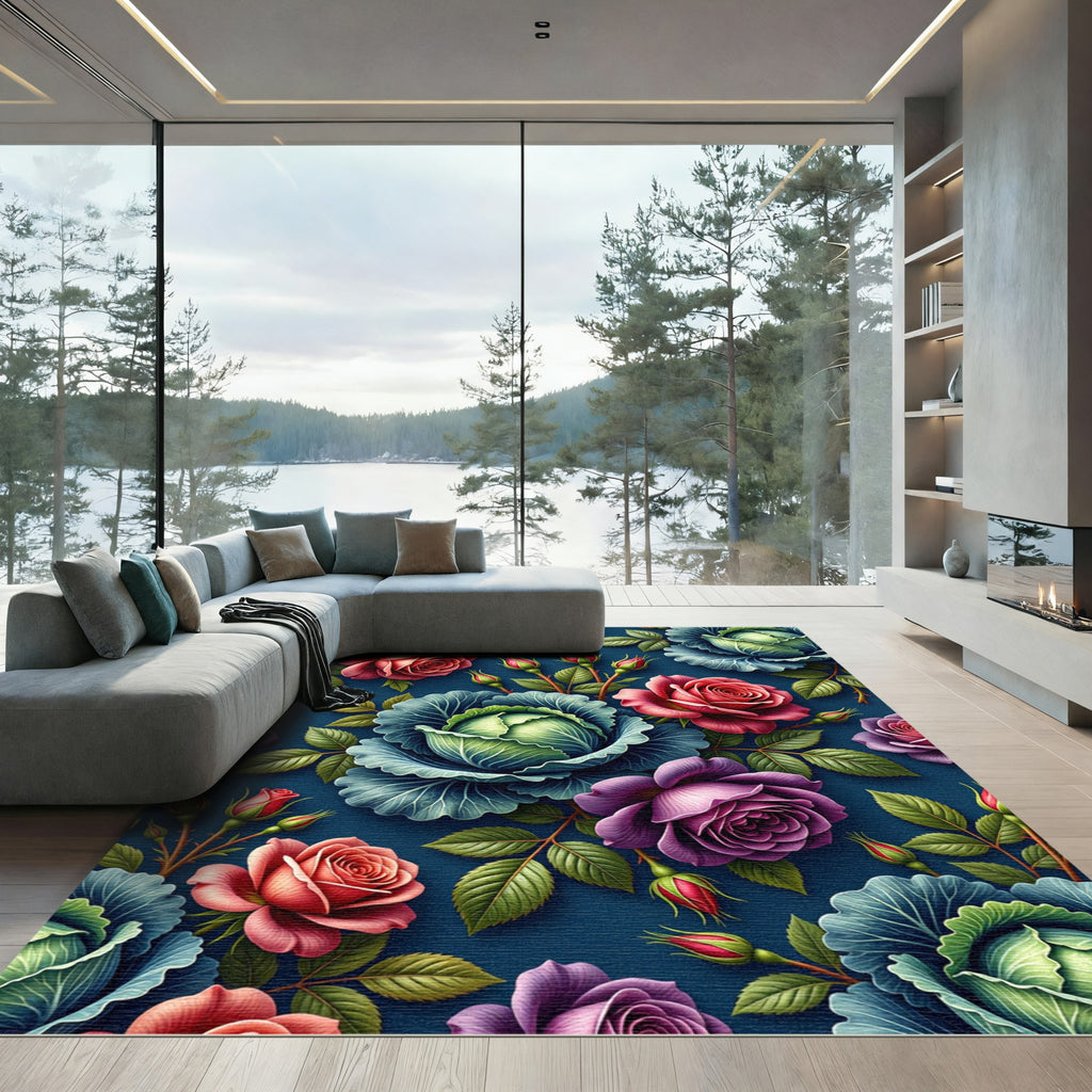 Moody Rose and Cabbage Floral Tapestry Rug
