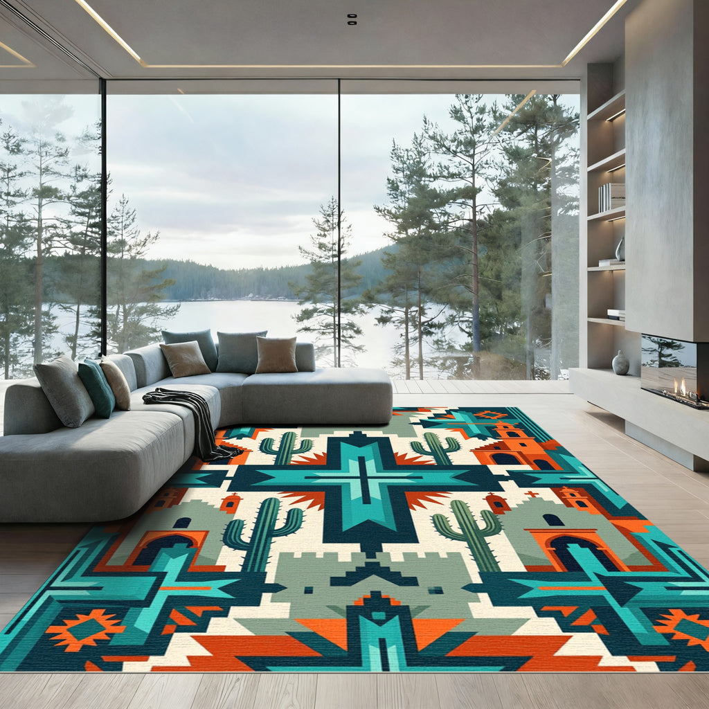 Desert Turquoise Orange Geometric Architecture Rug