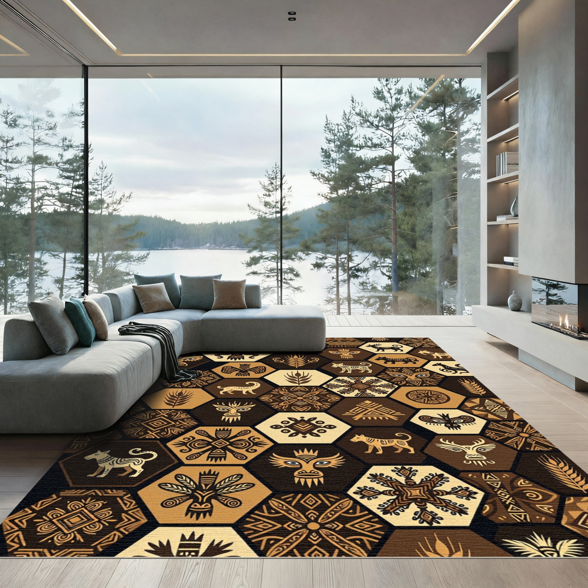 Earthy Tribal Hexagon Animal Earth Tone Rug