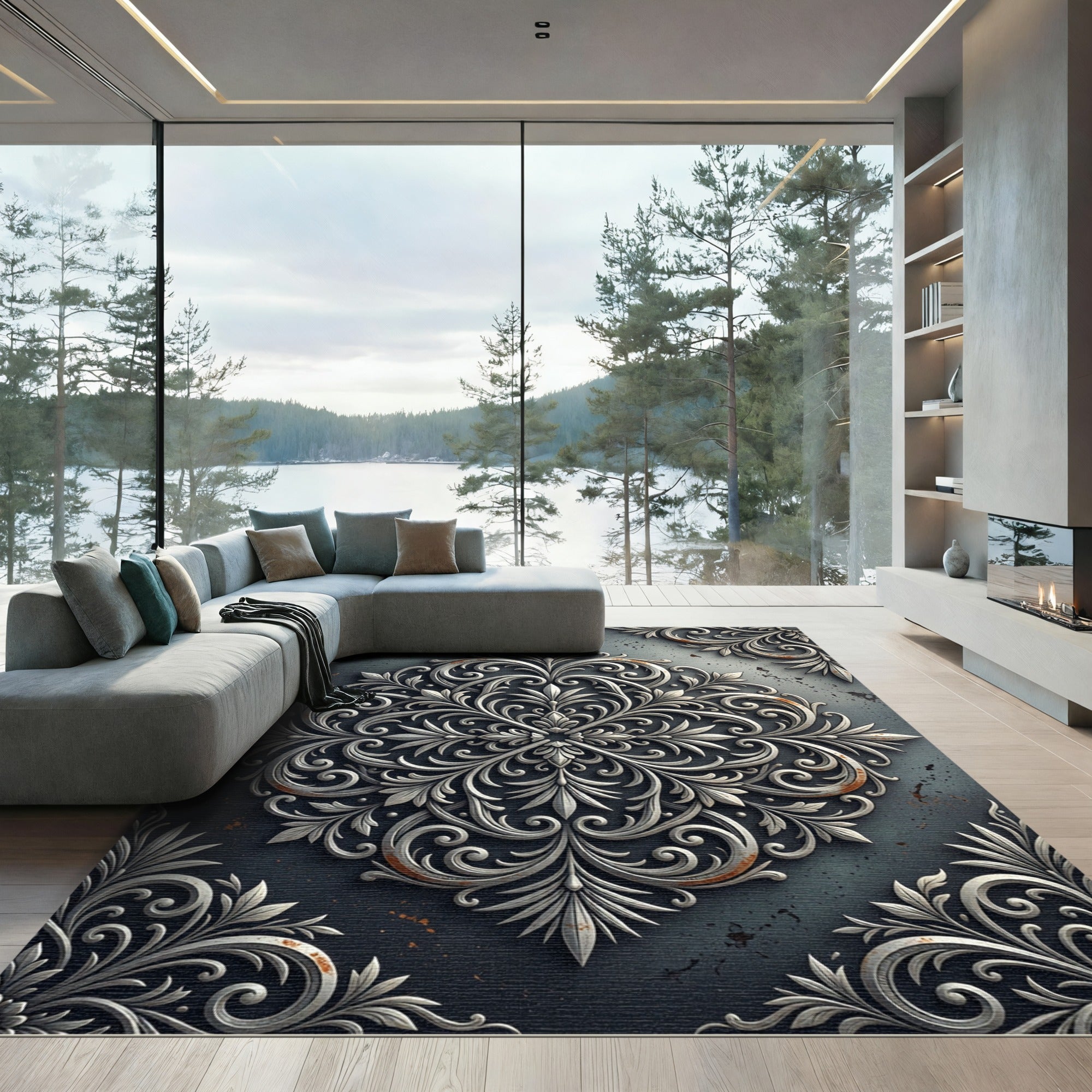 Elegant Metallic Silver Ornate Filigree Rug