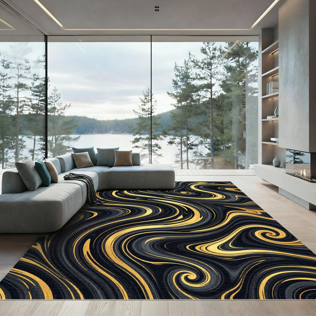 Elegant Black and Gold Fluid Marble Rug