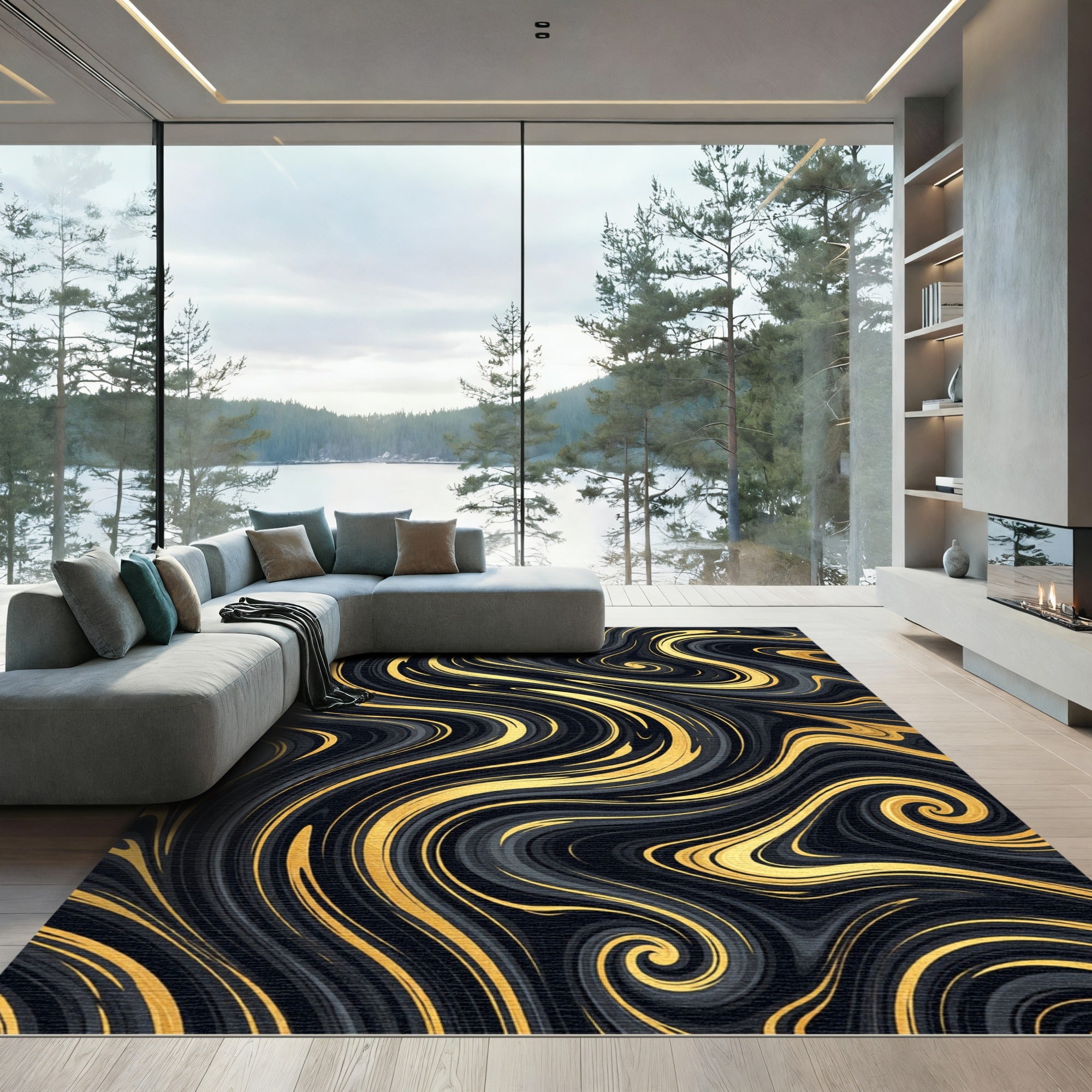 Elegant Black and Gold Fluid Marble Rug