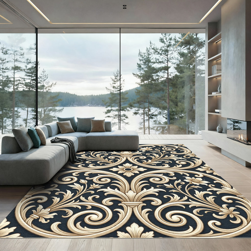 Cream Acanthus Leaf Scrollwork Rug