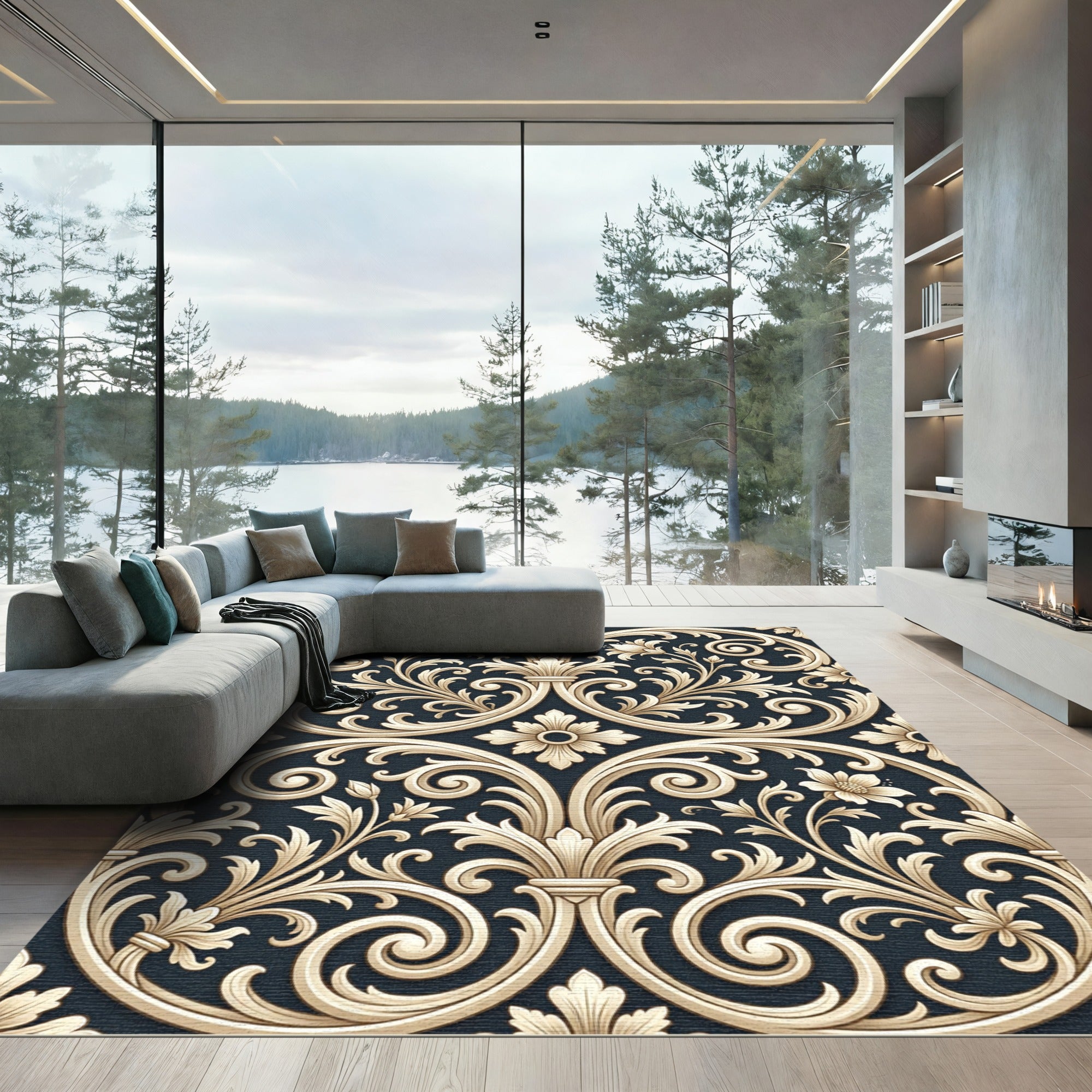 Cream Acanthus Leaf Scrollwork Rug