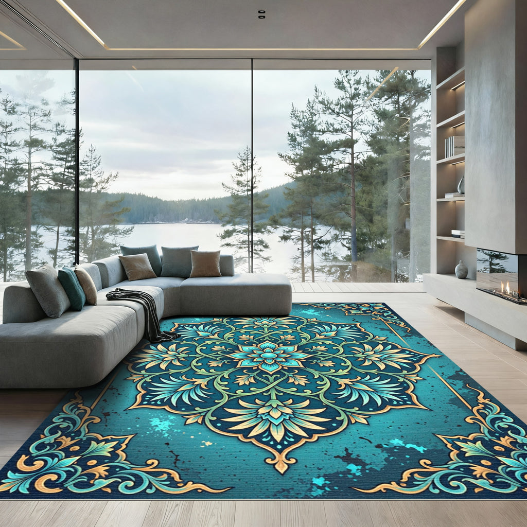Azure Floral Medallion with Golden Accents Rug