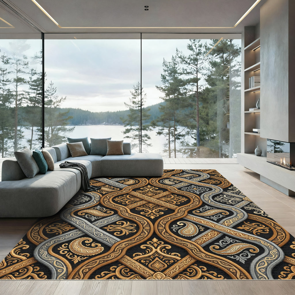 Luxurious Gold And Silver Paisley Swirl Rug