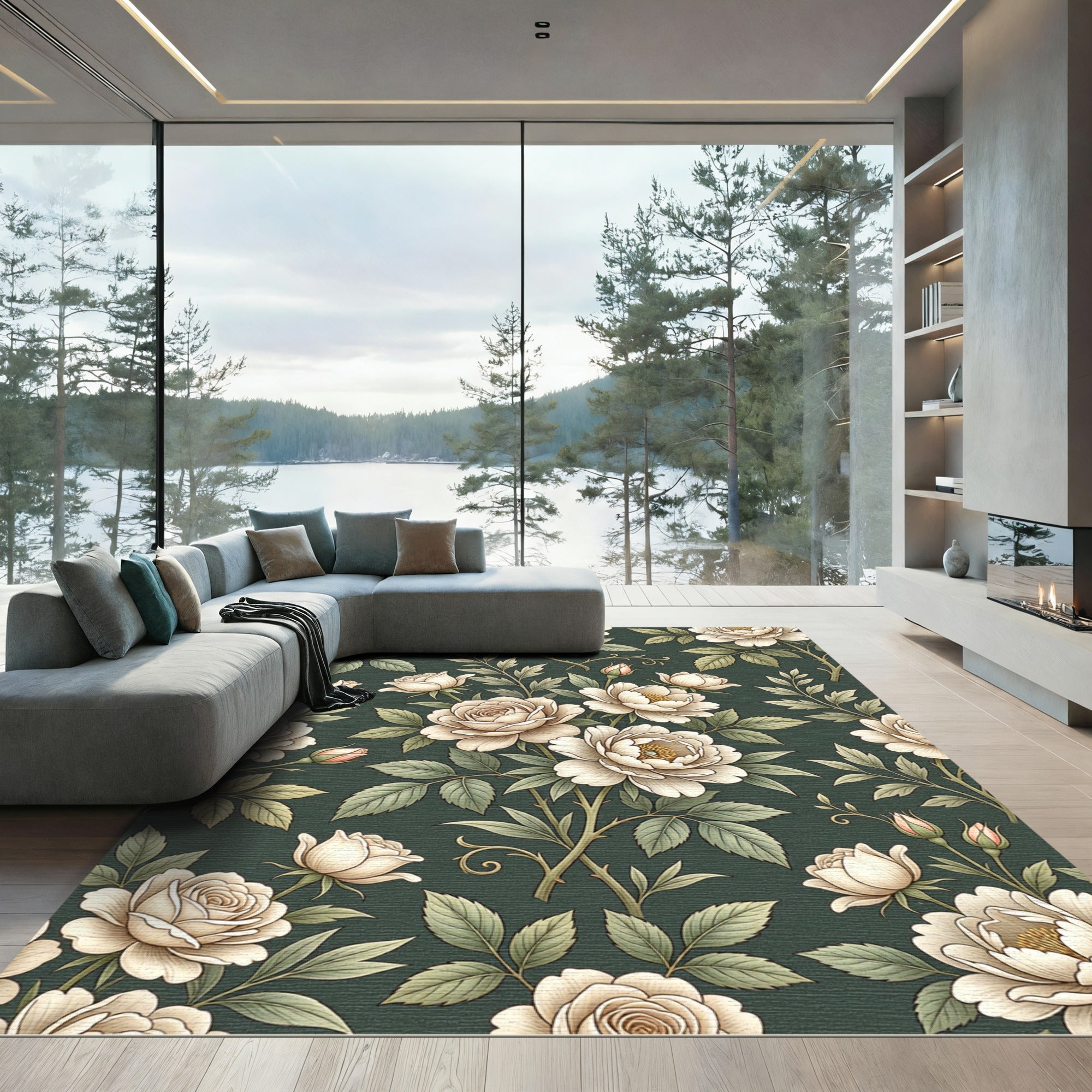 Vintage Cream Rose Floral Dark Green Rug