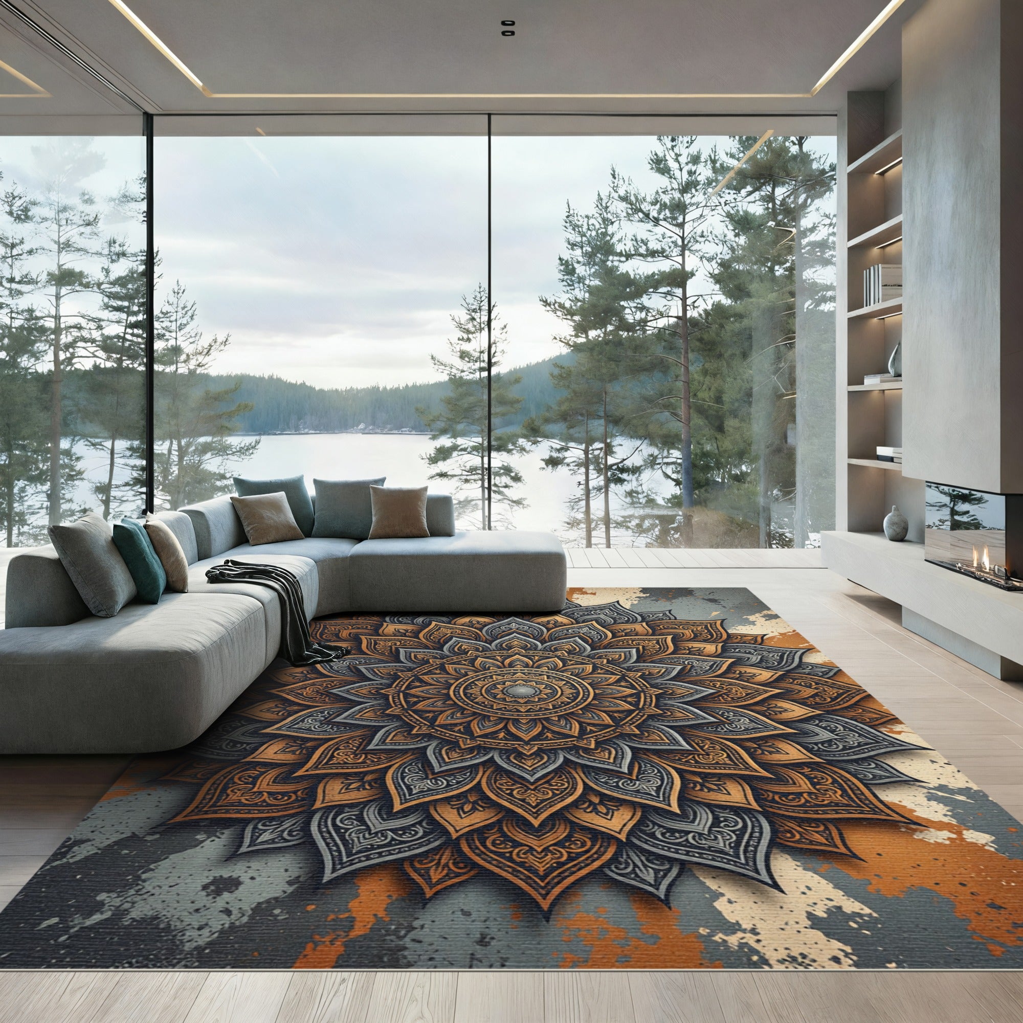Intricate Sienna Gold Slate Mandala Rug