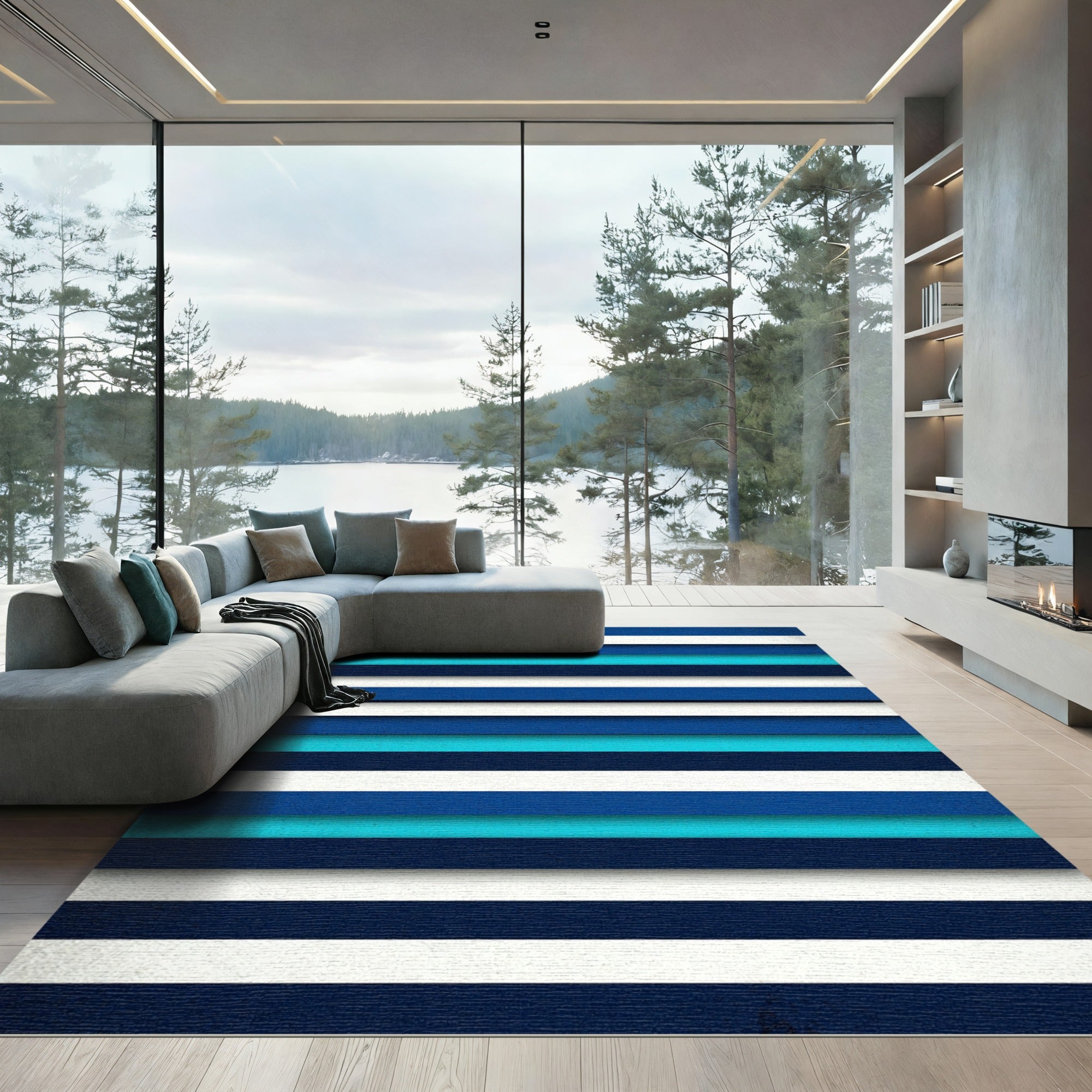 Modern Navy and Cyan Horizontal Stripe Rug