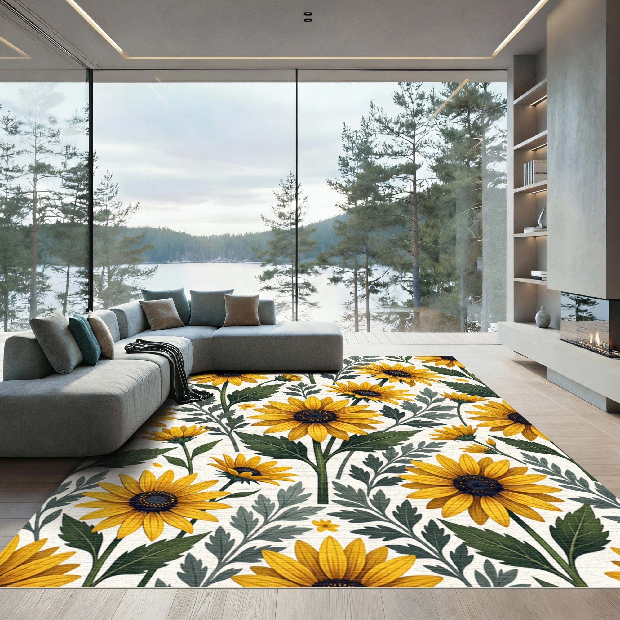 Sunny Yellow Sunflower Botanical Meadow Rug