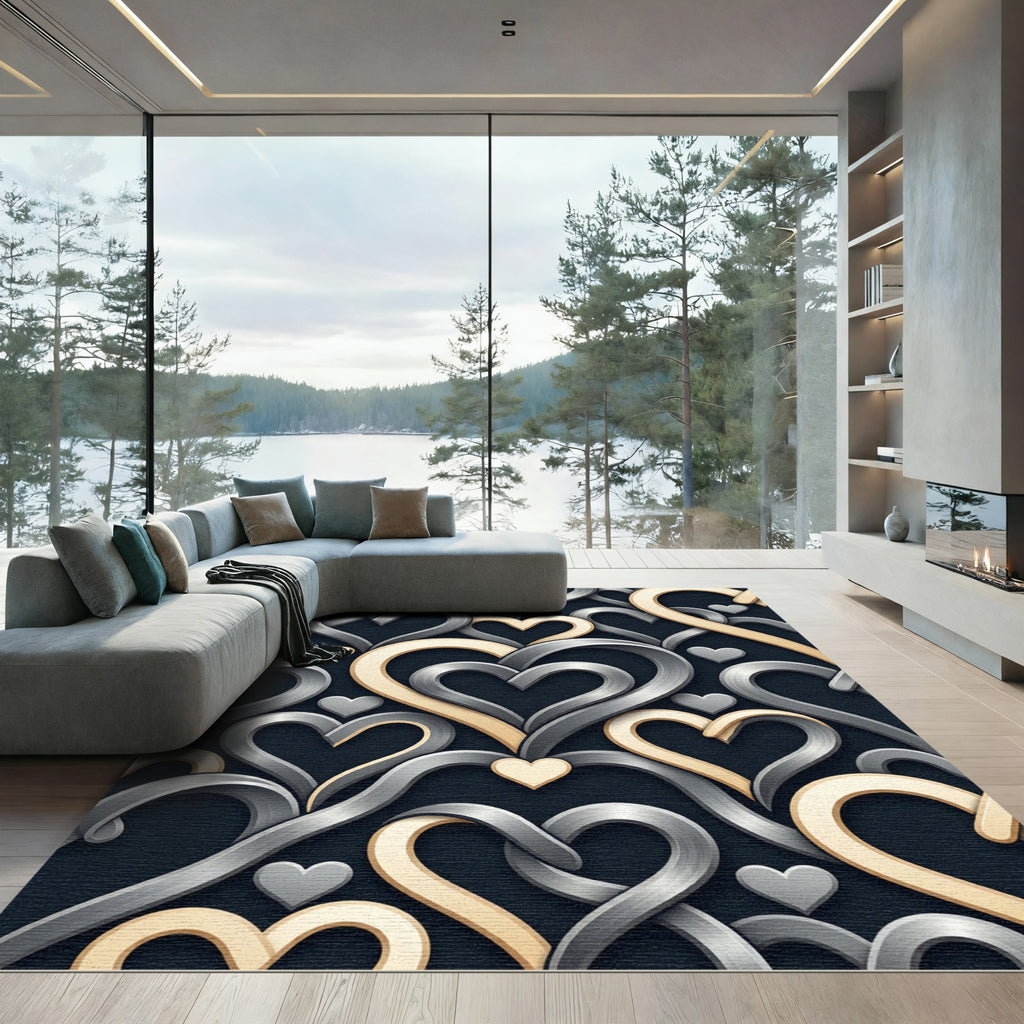 Metallic Silver and Gold Interlocking Hearts Rug