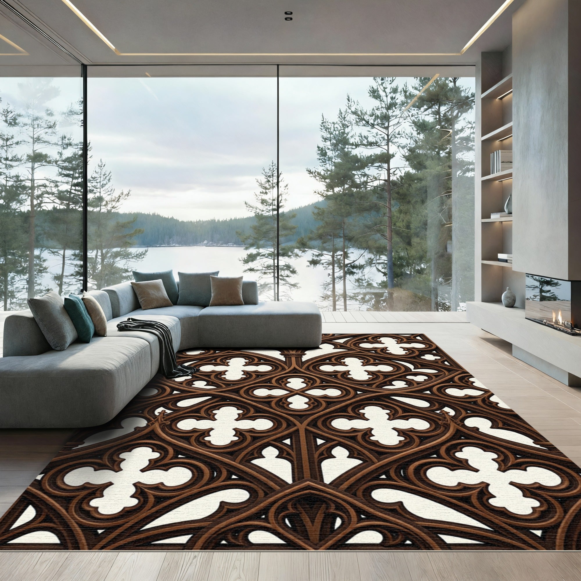 Gothic Brown Ornate Quatrefoil Lattice Rug