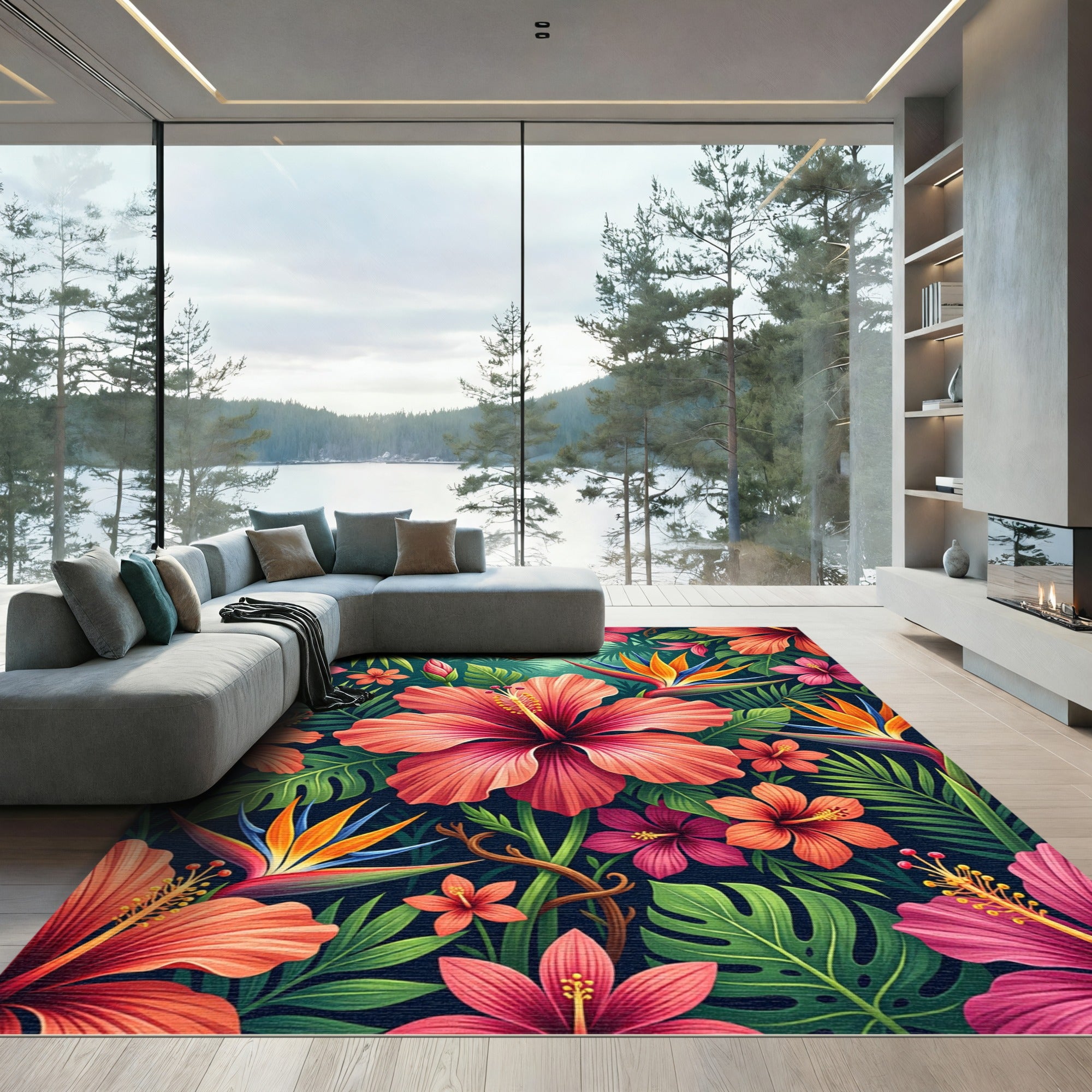 Vibrant Tropical Hibiscus Bird of Paradise Rug