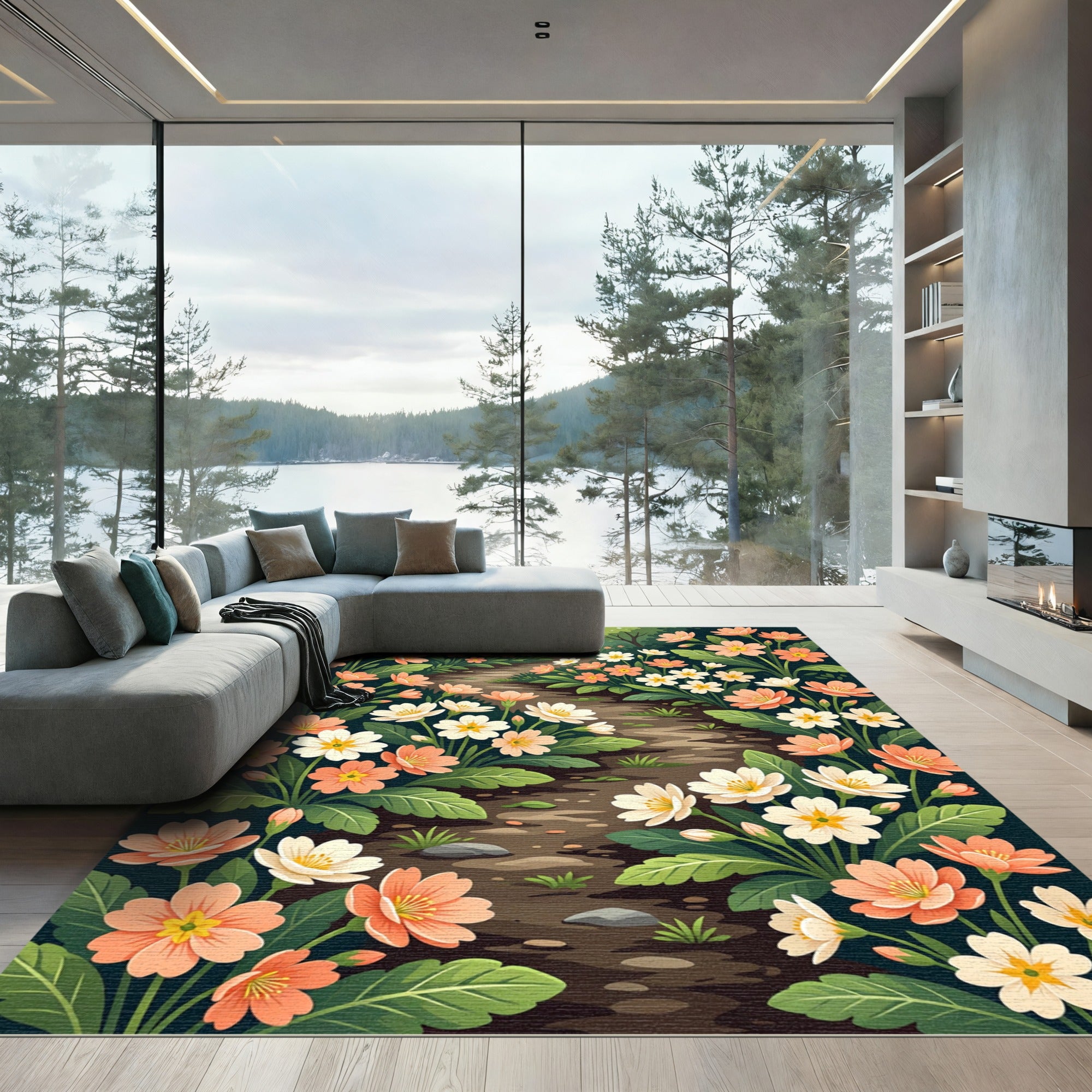 Whimsical Peach White Floral Garden Path Rug