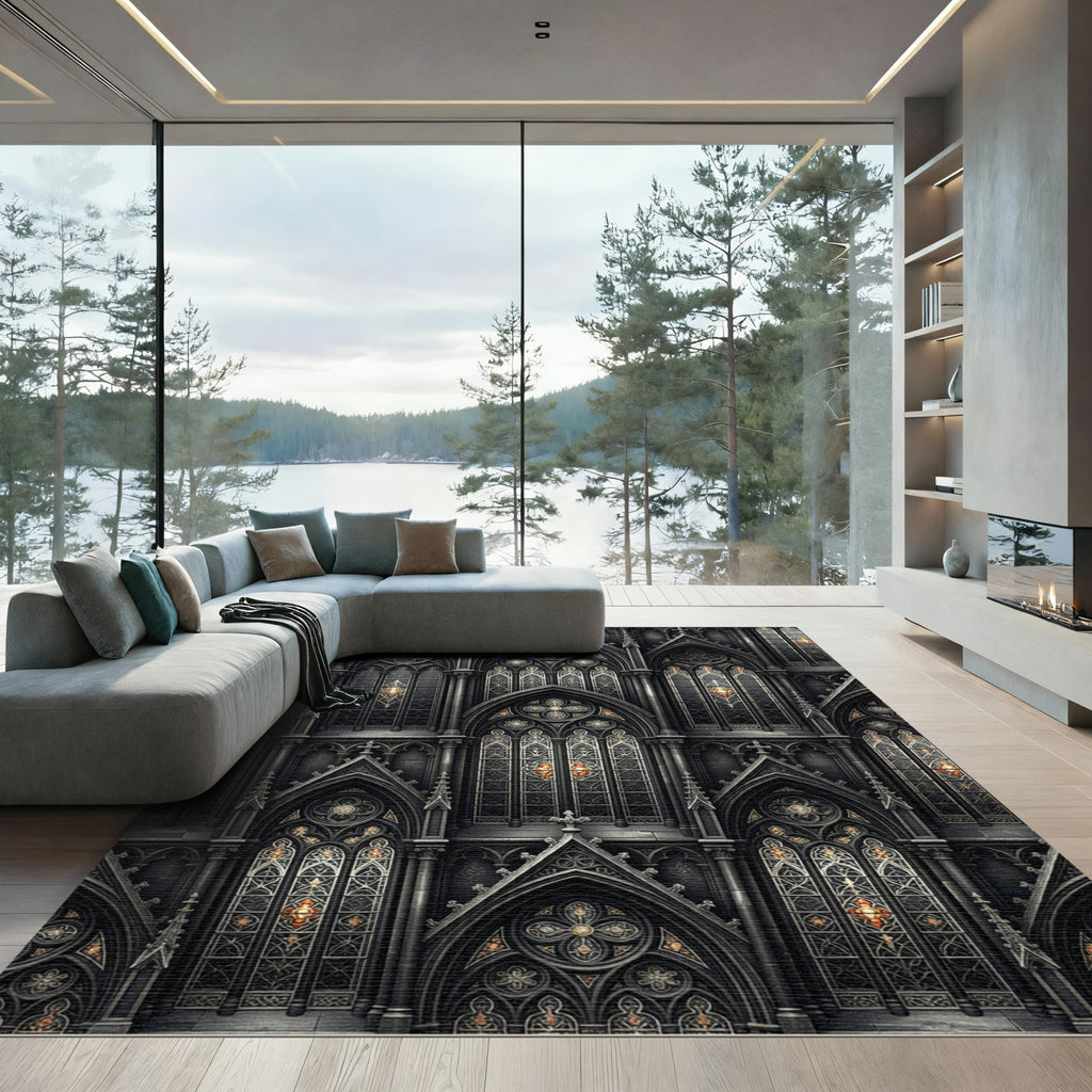 Gothic Charcoal Cathedral Arched Stone Facade Rug