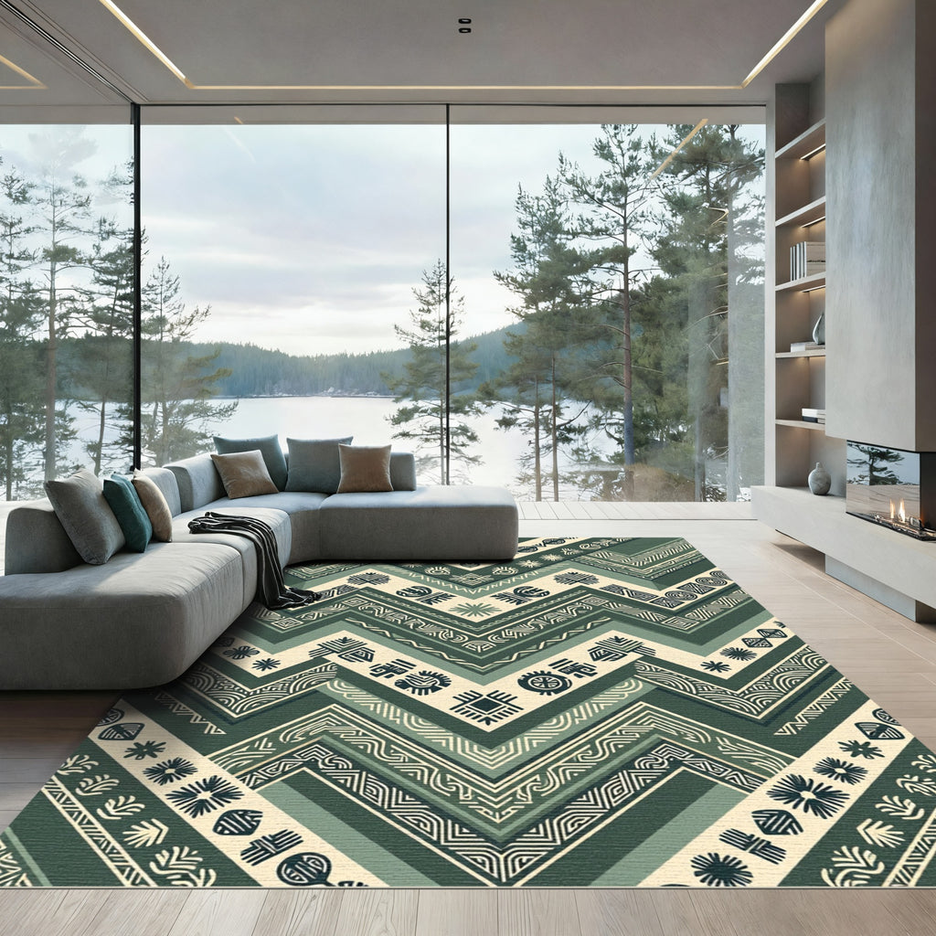 Sage Green Chevron Zigzag Tribal Art Rug