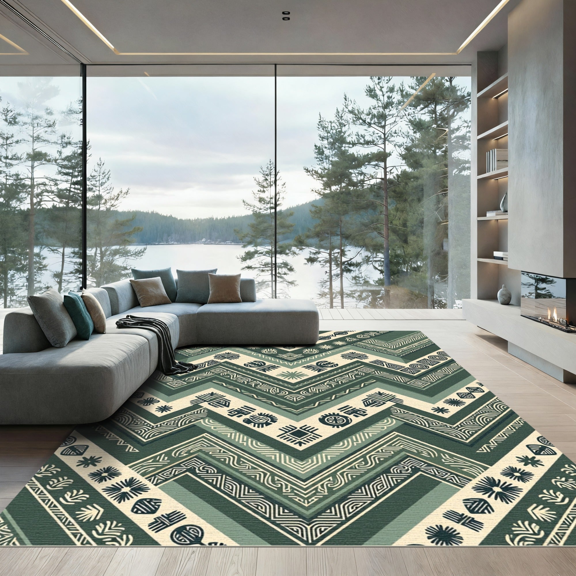 Sage Green Chevron Zigzag Tribal Art Rug