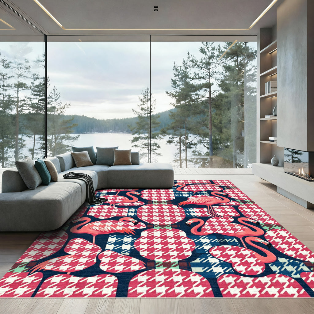 Pink Flamingo Houndstooth Geometric Art Rug