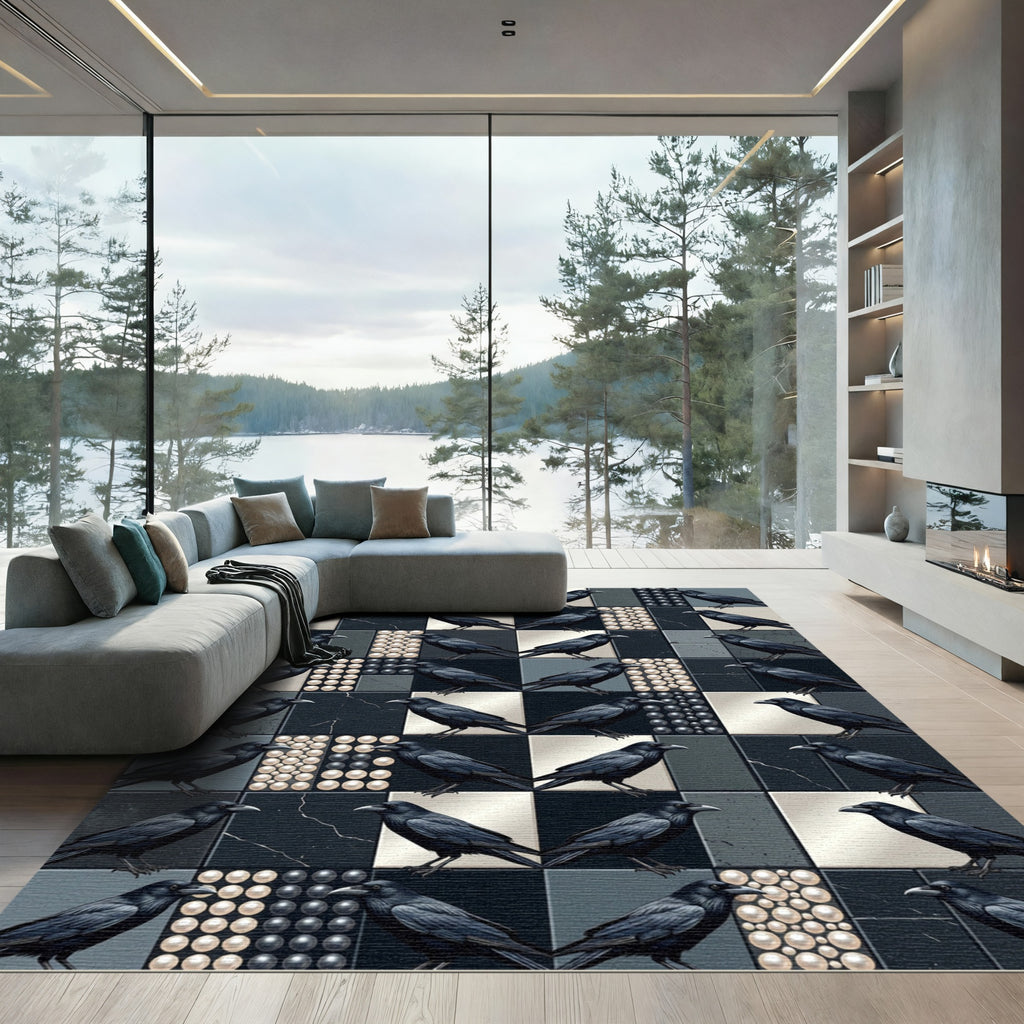 Gothic Raven Monochrome Checkerboard Abstract Rug