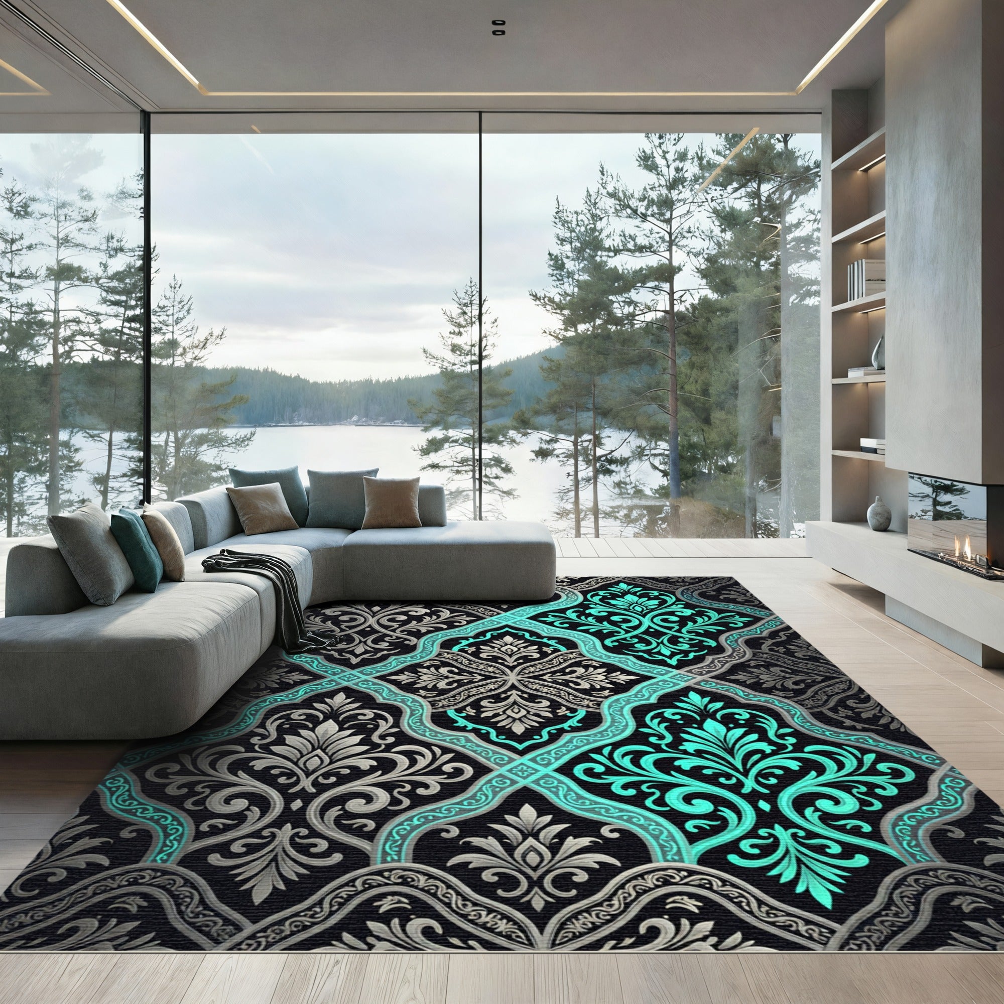 Elegant Teal and Silver Damask Ornate Rug
