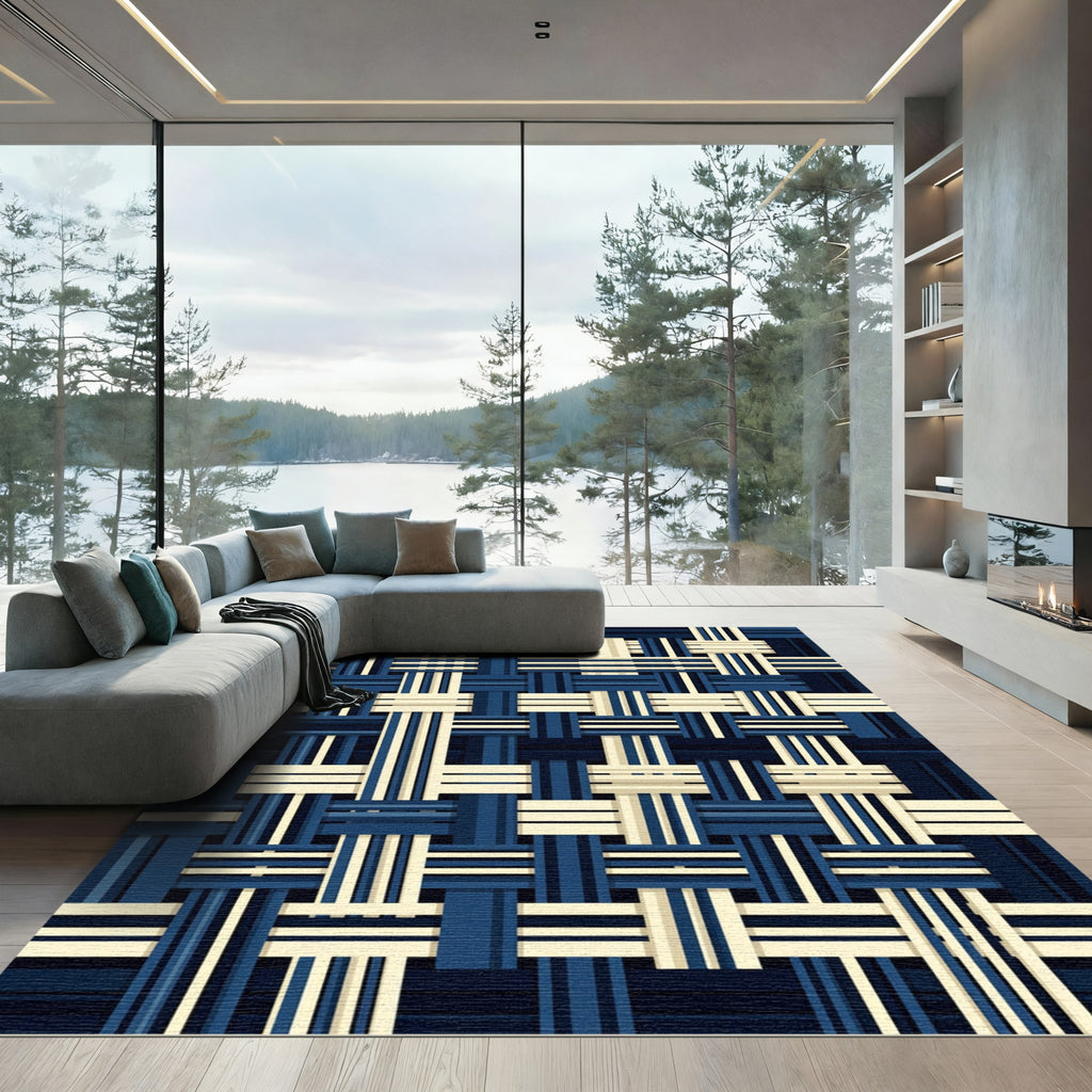 Navy Blue and Cream Geometric Woven Rug