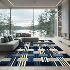 Navy Blue and Cream Geometric Woven Rug