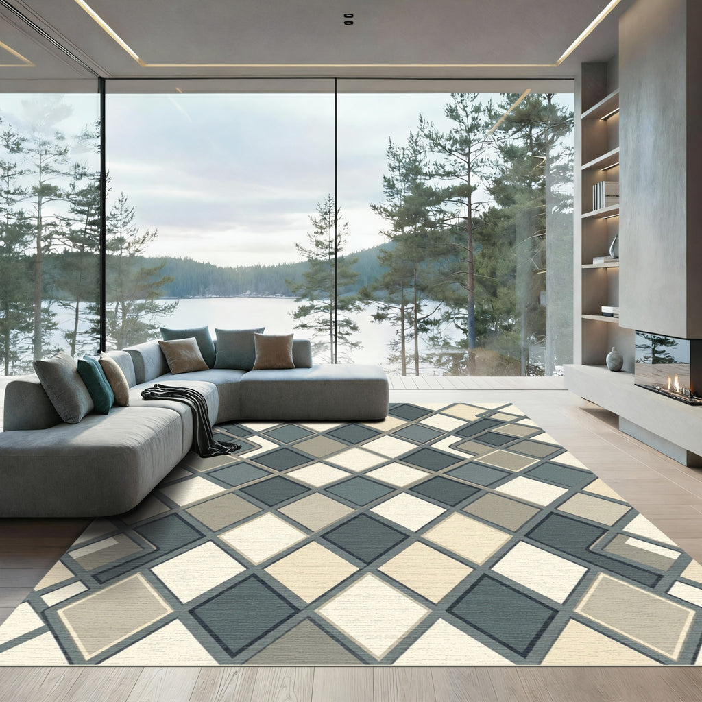 Gray Cream Diamond Interlocking Pattern Rug