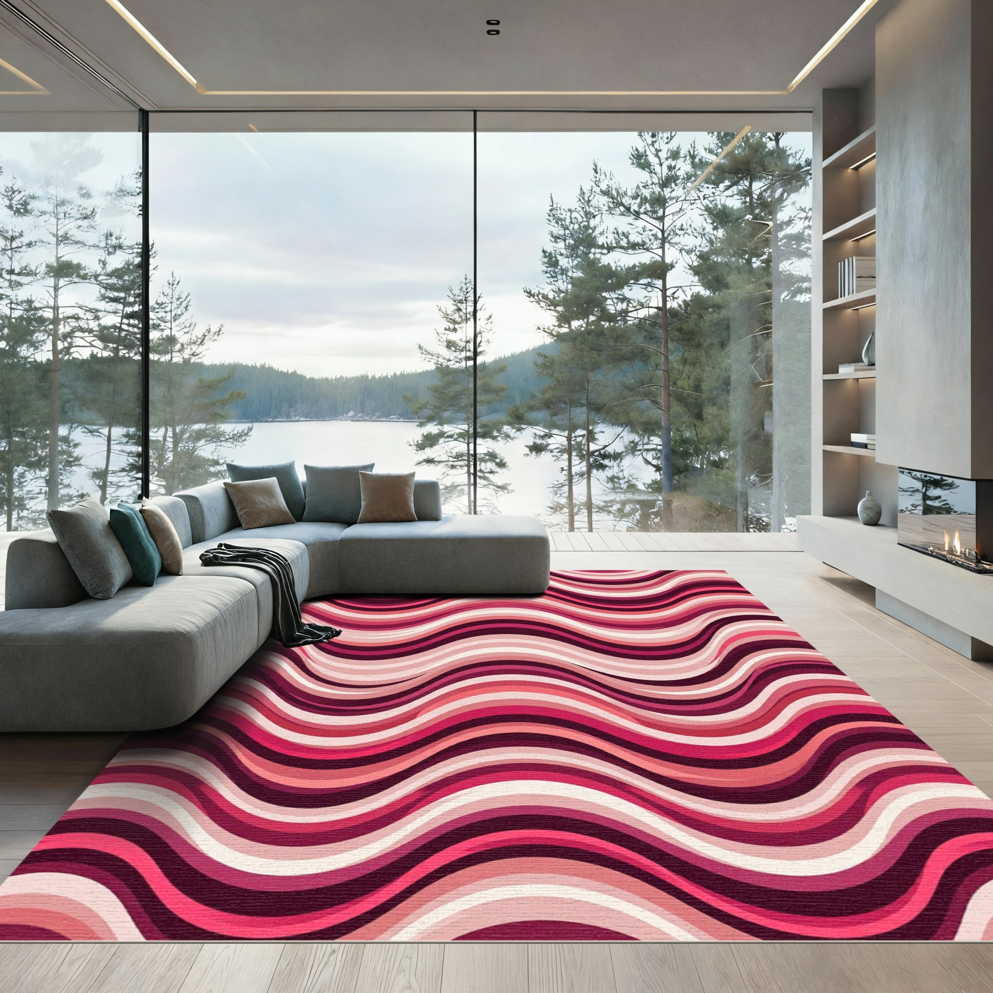 Vibrant Burgundy Rose Wavy Striped Rug