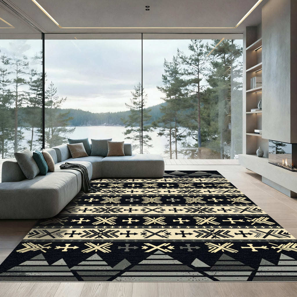 Monochromatic Geometric Tribal Arrow Cream Black Rug