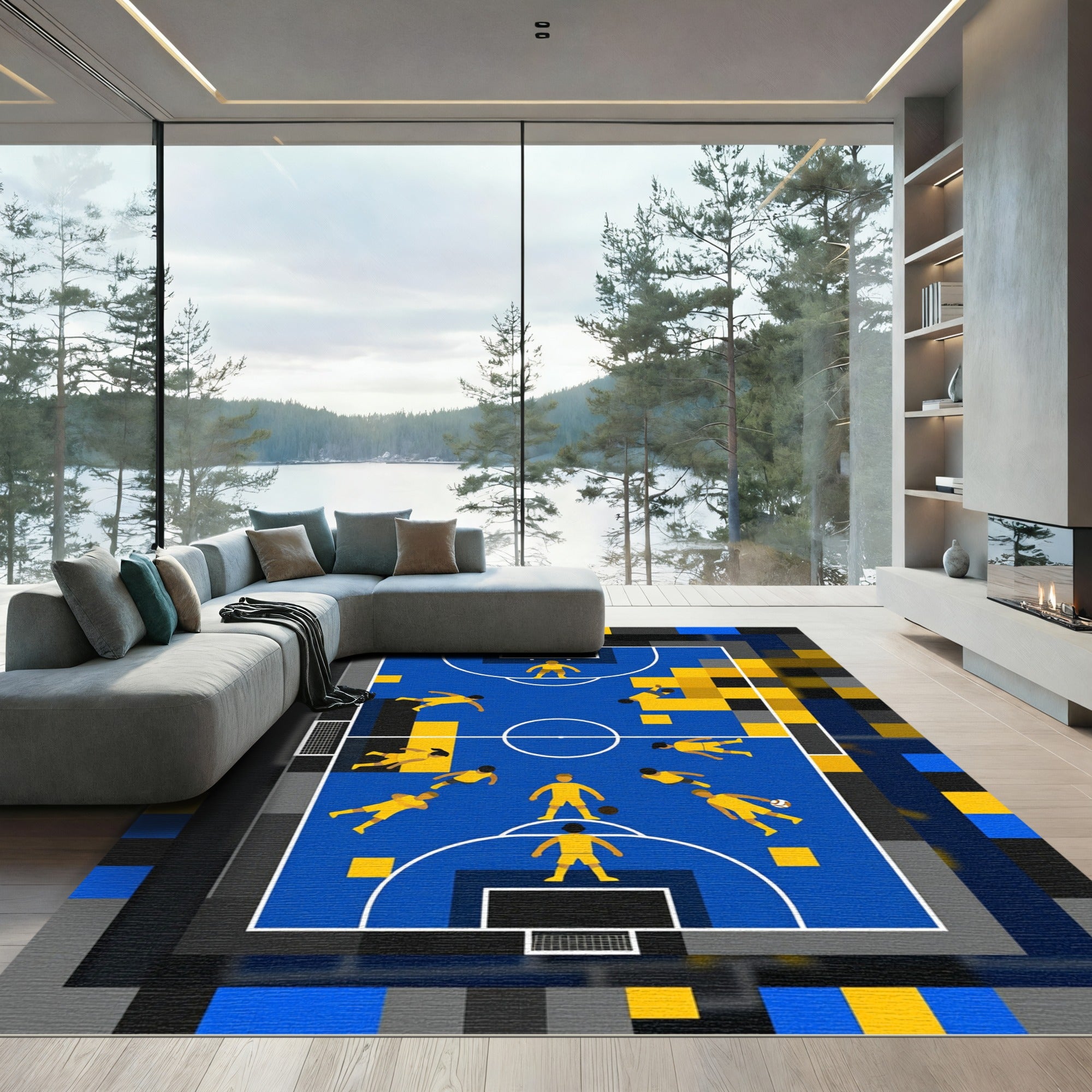 Abstract Blue Yellow Pixelated Soccer Field Rug