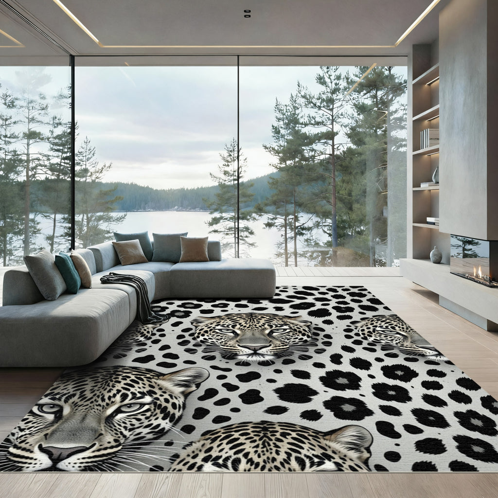 Monochrome Leopard Portrait Arrangement Rug