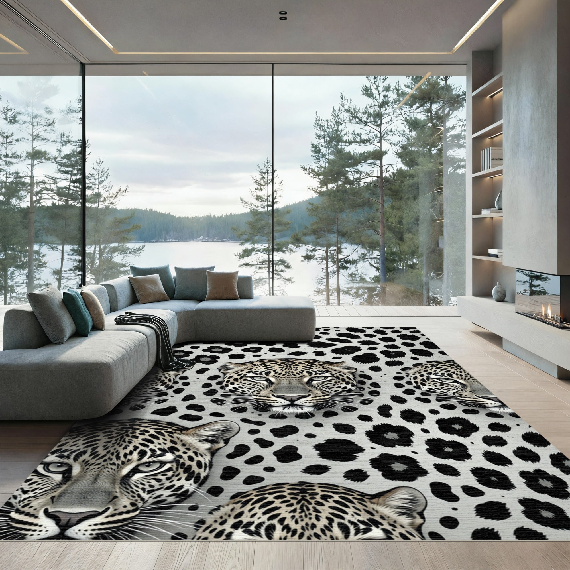 Monochrome Leopard Portrait Arrangement Rug