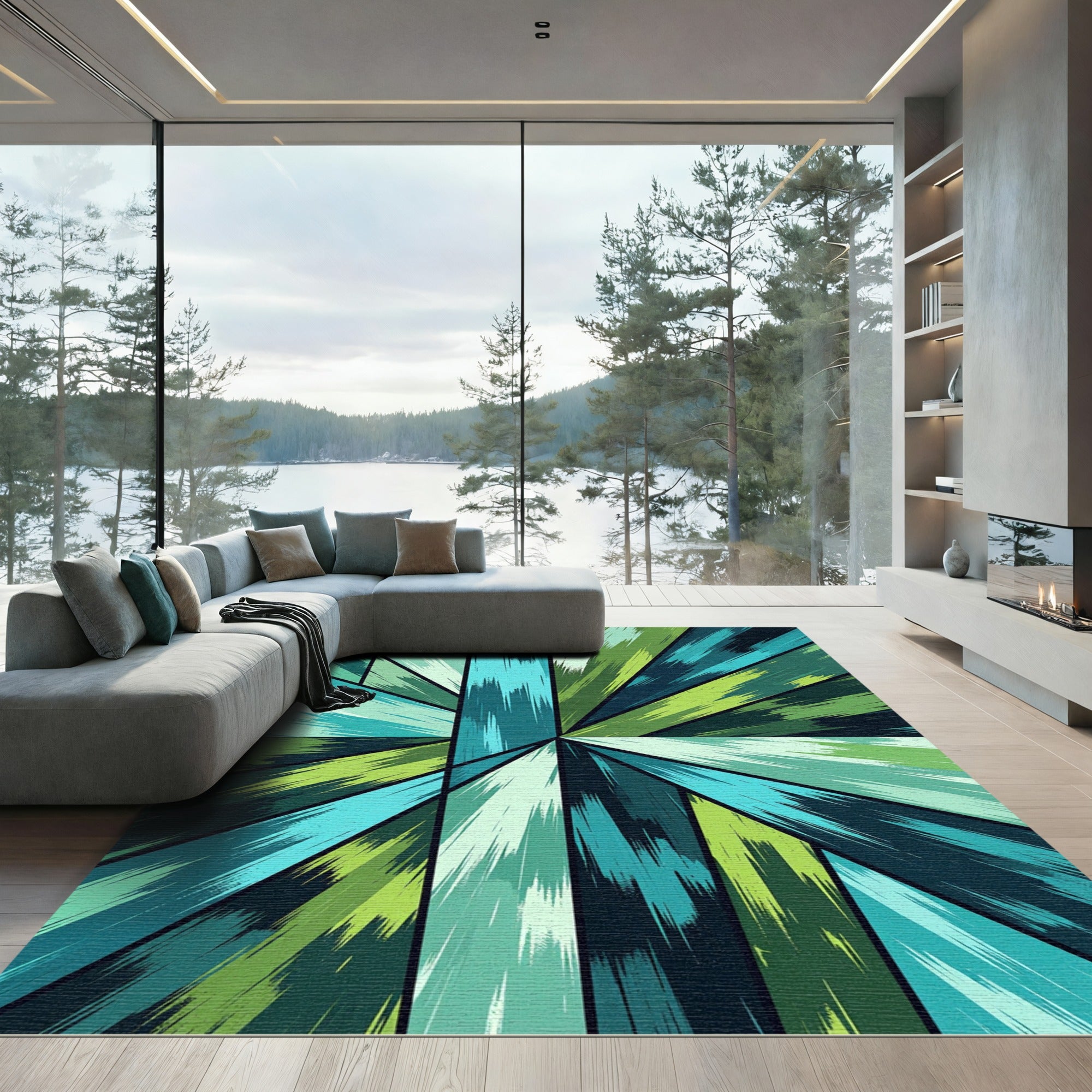 Vibrant Teal Green Shattered Geometric Rug
