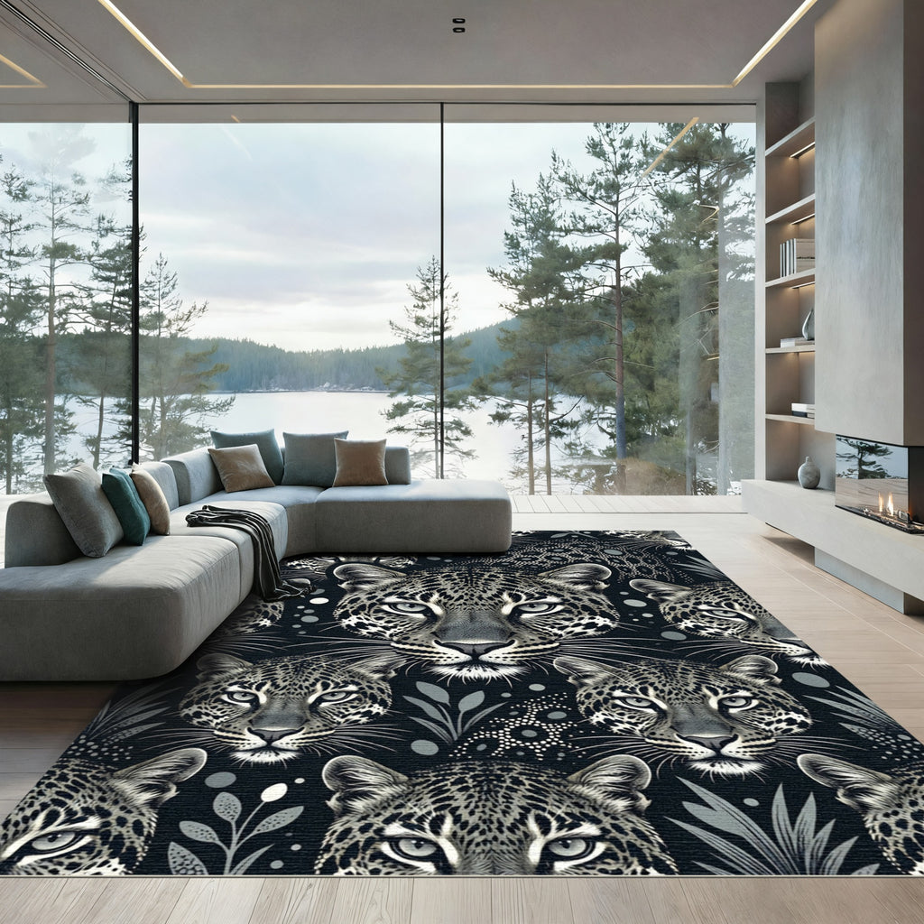 Monochrome Leopard Face Jungle Art Rug