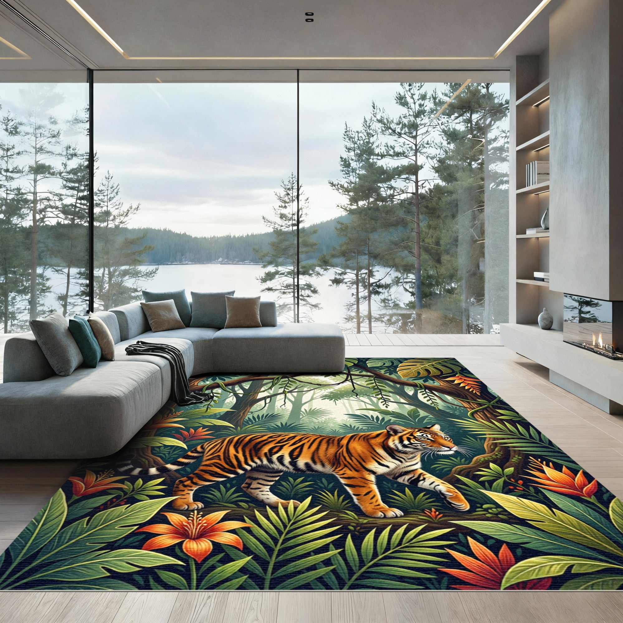 Lush Golden Tropical Tiger Jungle Rug