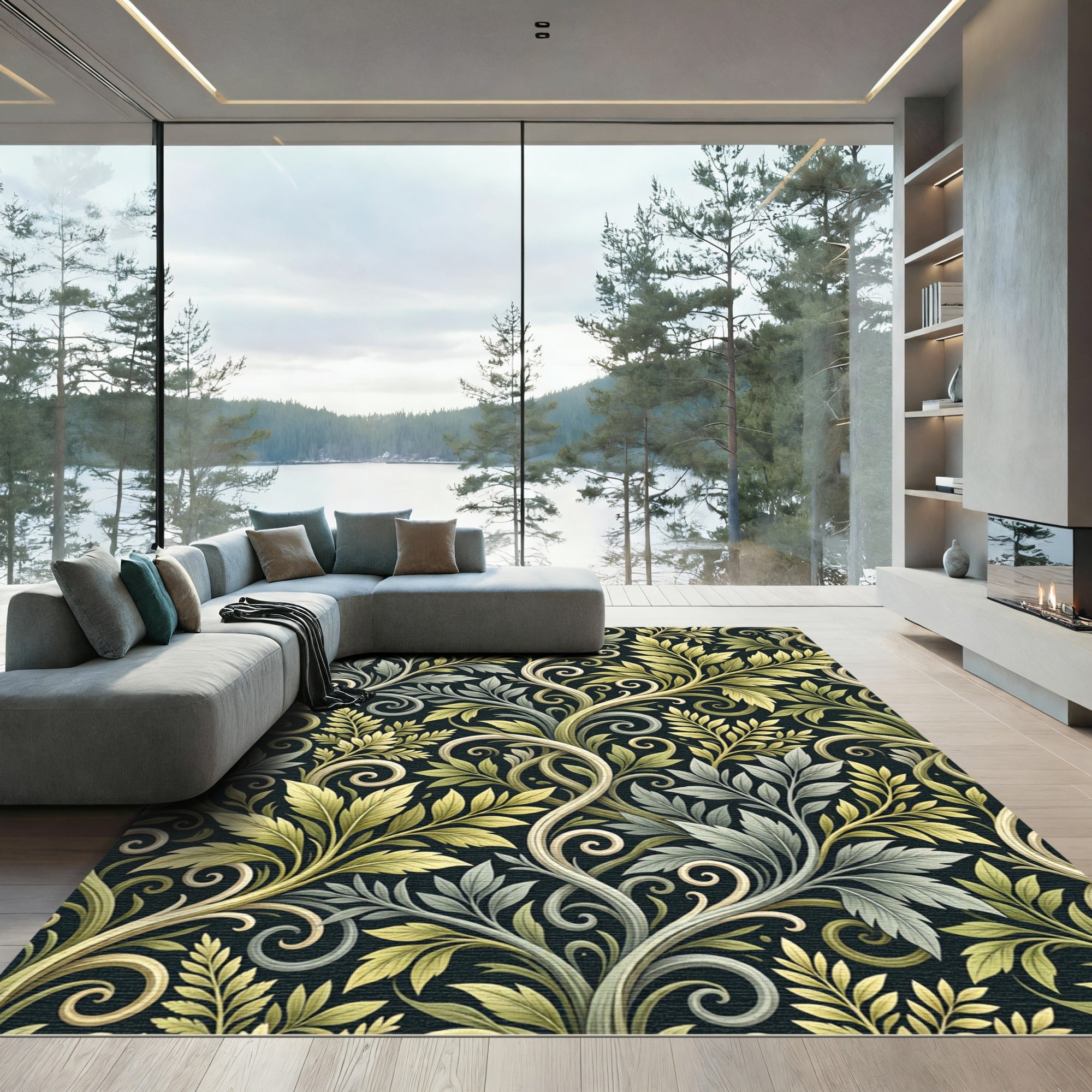 Elegant Sage and Gold Botanical Flourish Rug