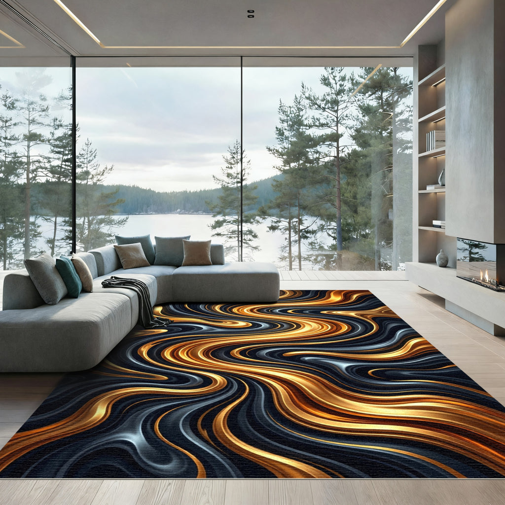 Liquid Gold and Charcoal Abstract Swirl Rug