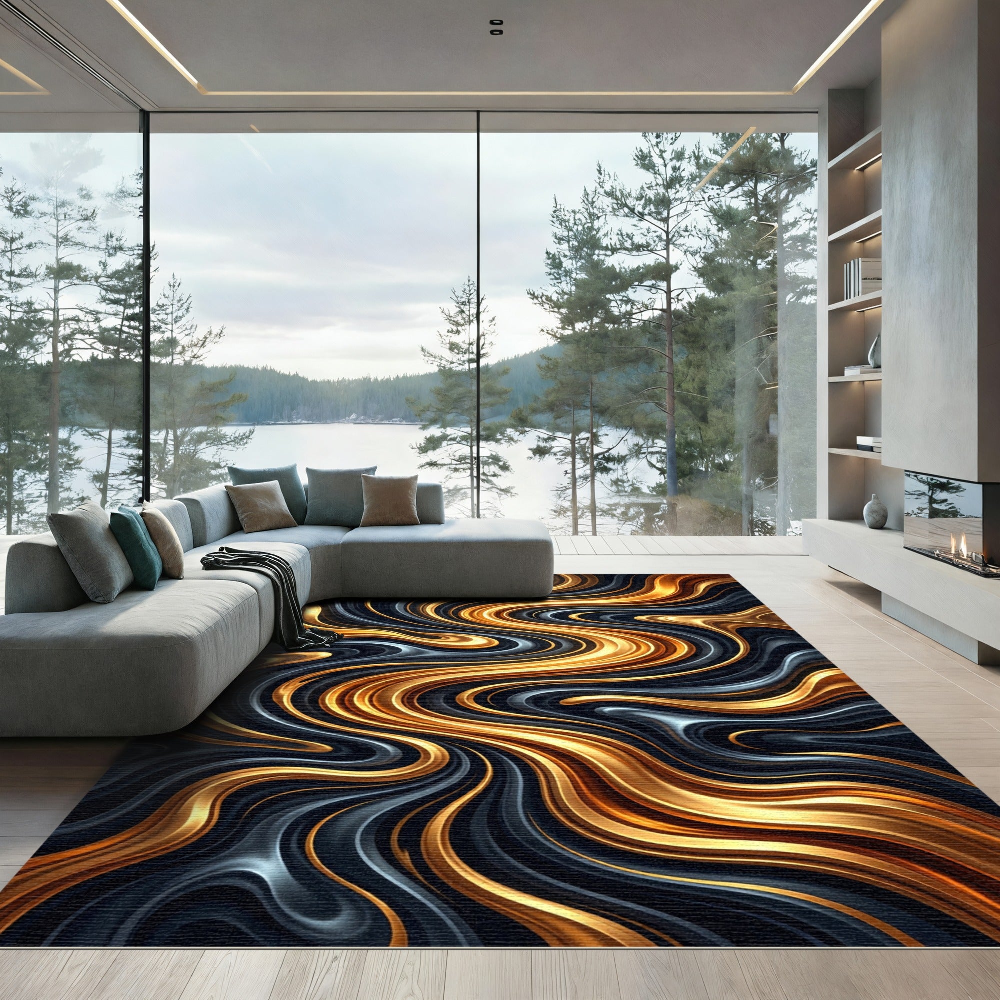 Liquid Gold and Charcoal Abstract Swirl Rug